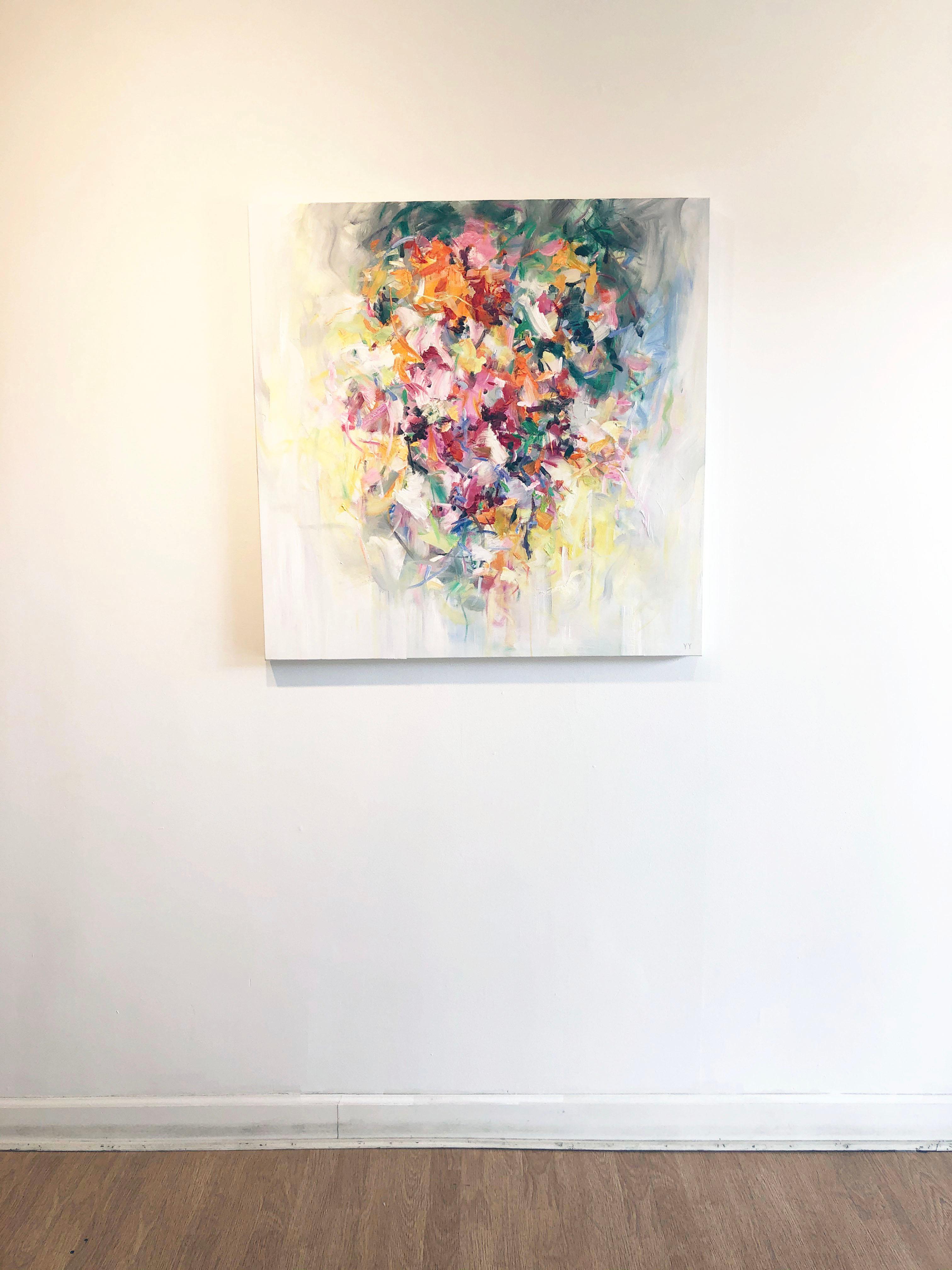 'Flowers on the Wall' 2020 by Chinese/Canadian artist Yangyang Pan. Oil on canvas, 36 x 36 in. This beautiful abstract-impressionistic garden landscape painting incorporates large gestural brush strokes in bold colors of yellow, orange, pink,