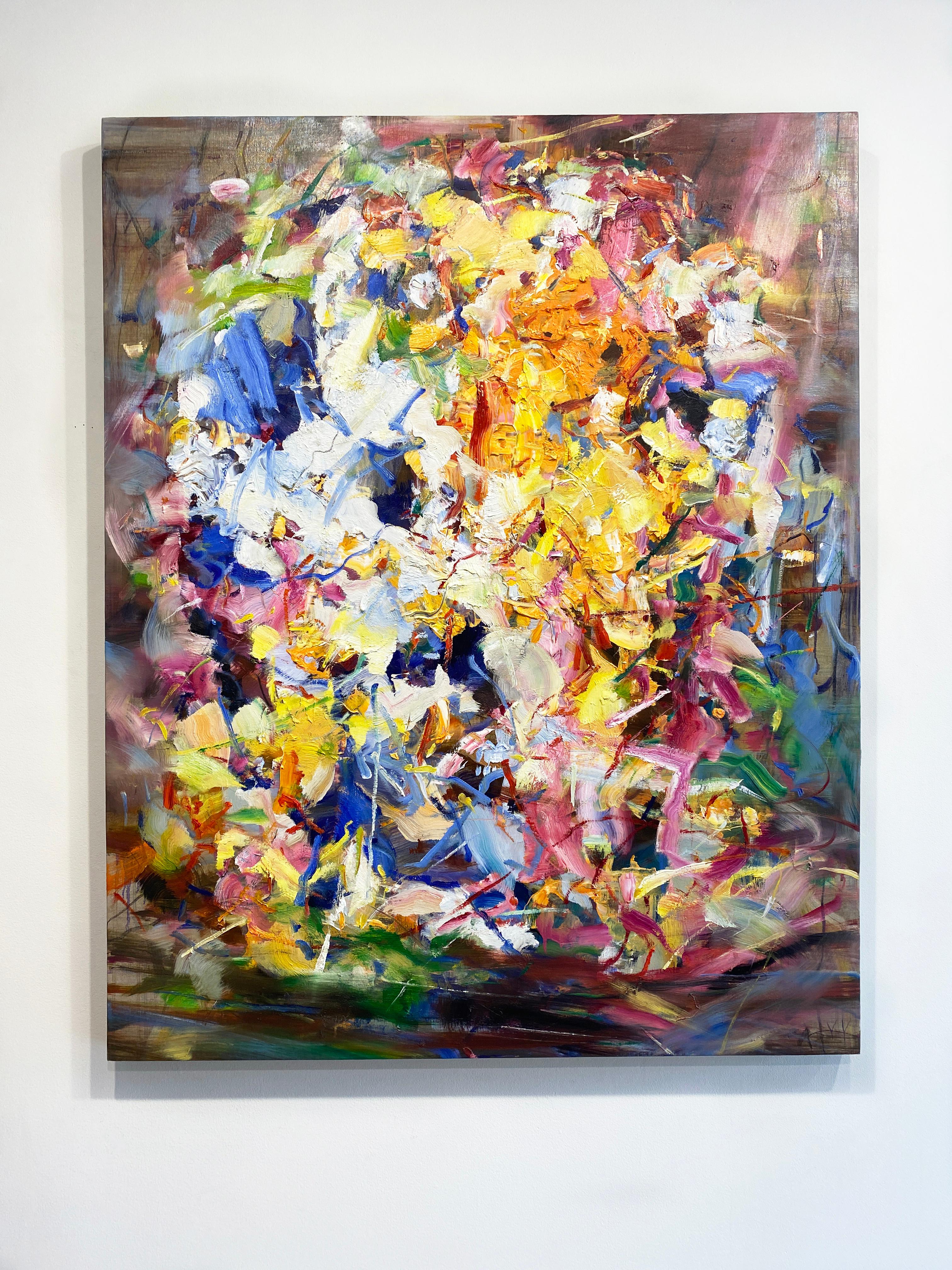 'Awake' 2021 by Chinese/Canadian artist Yangyang Pan. Oil on linen, 50 x 40 in. This beautiful abstract-expressionistic, landscape painting incorporates gestural brushstrokes resembling a floral garden in bold colors of yellow, orange, pink, green,