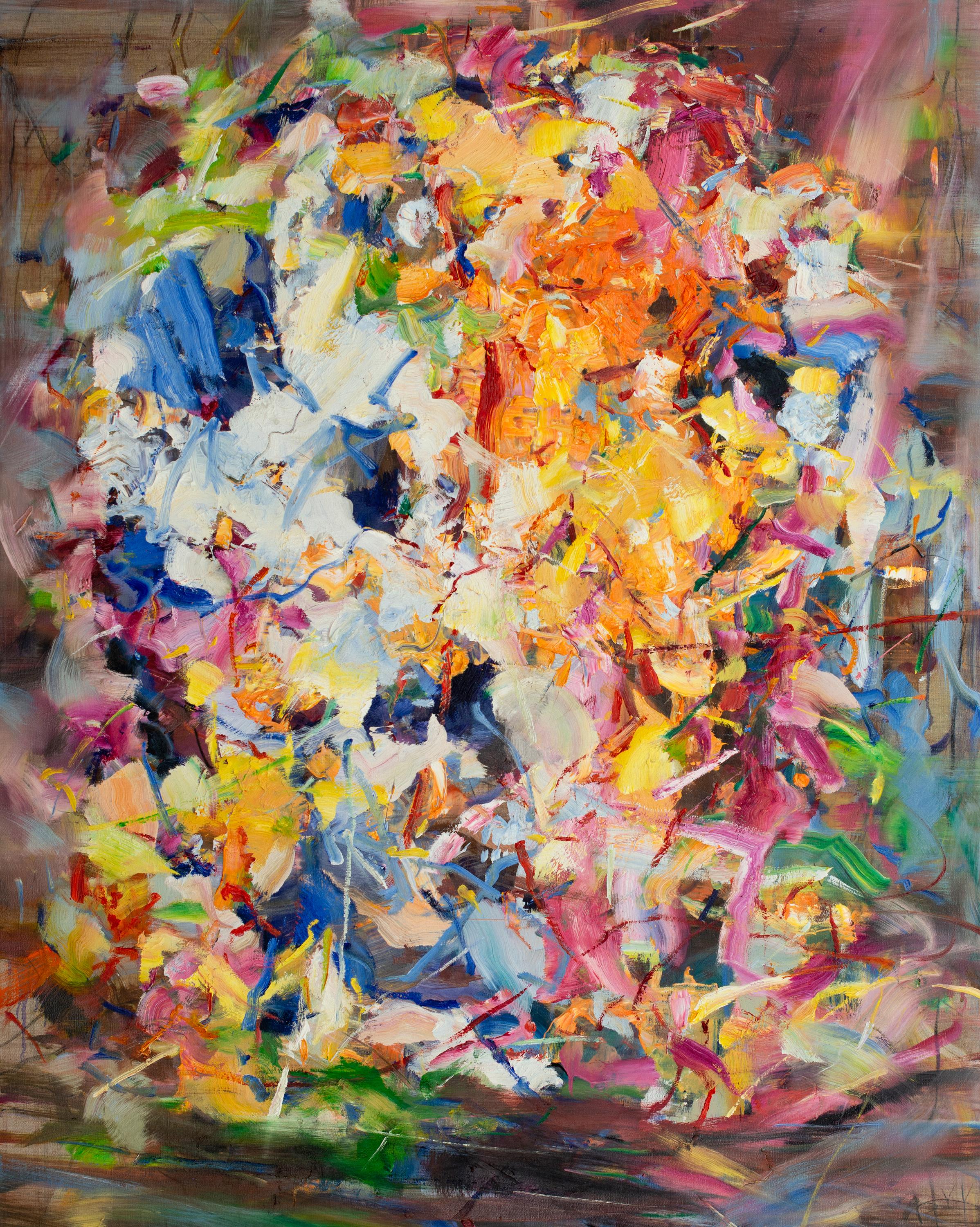 Awake" 2021 des chinesisch-kanadischen Künstlers Yangyang Pan. Öl auf Leinen, 50 x 40 cm. Dieses wunderschöne abstrakt-expressionistische Landschaftsgemälde enthält gestische Pinselstriche, die an einen Blumengarten in kräftigen Farben wie Gelb,