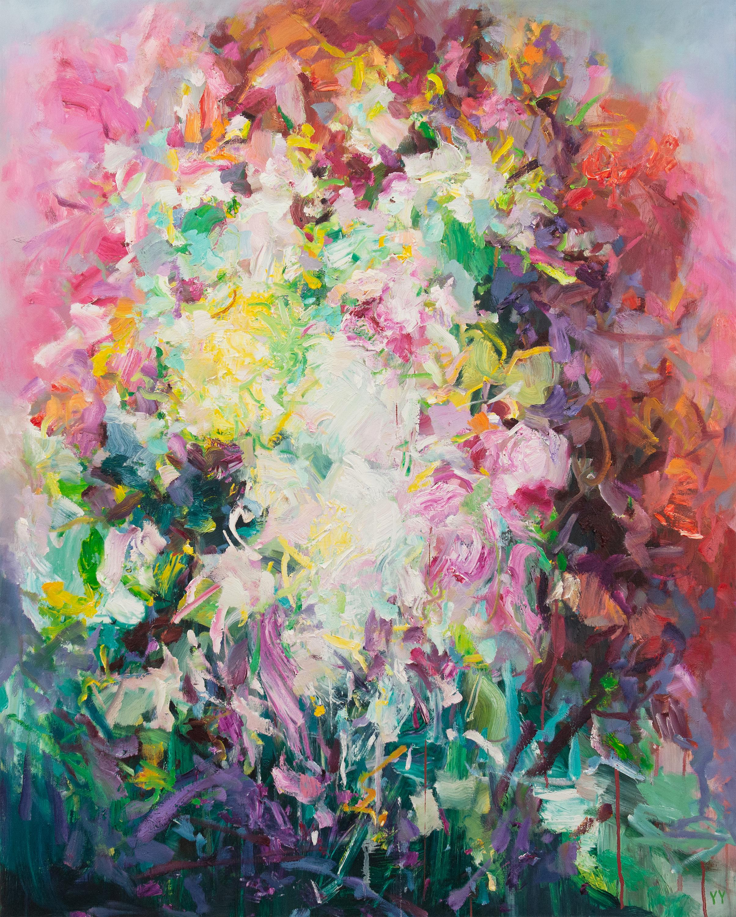 'Blooming Spirit' 2022 by Chinese/Canadian artist Yangyang Pan. Oil on canvas, 60 x 48 in. / Frame: 61 x 49 in.  This beautiful abstract-expressionistic, landscape painting incorporates gestural brushstrokes resembling a floral garden in pastel