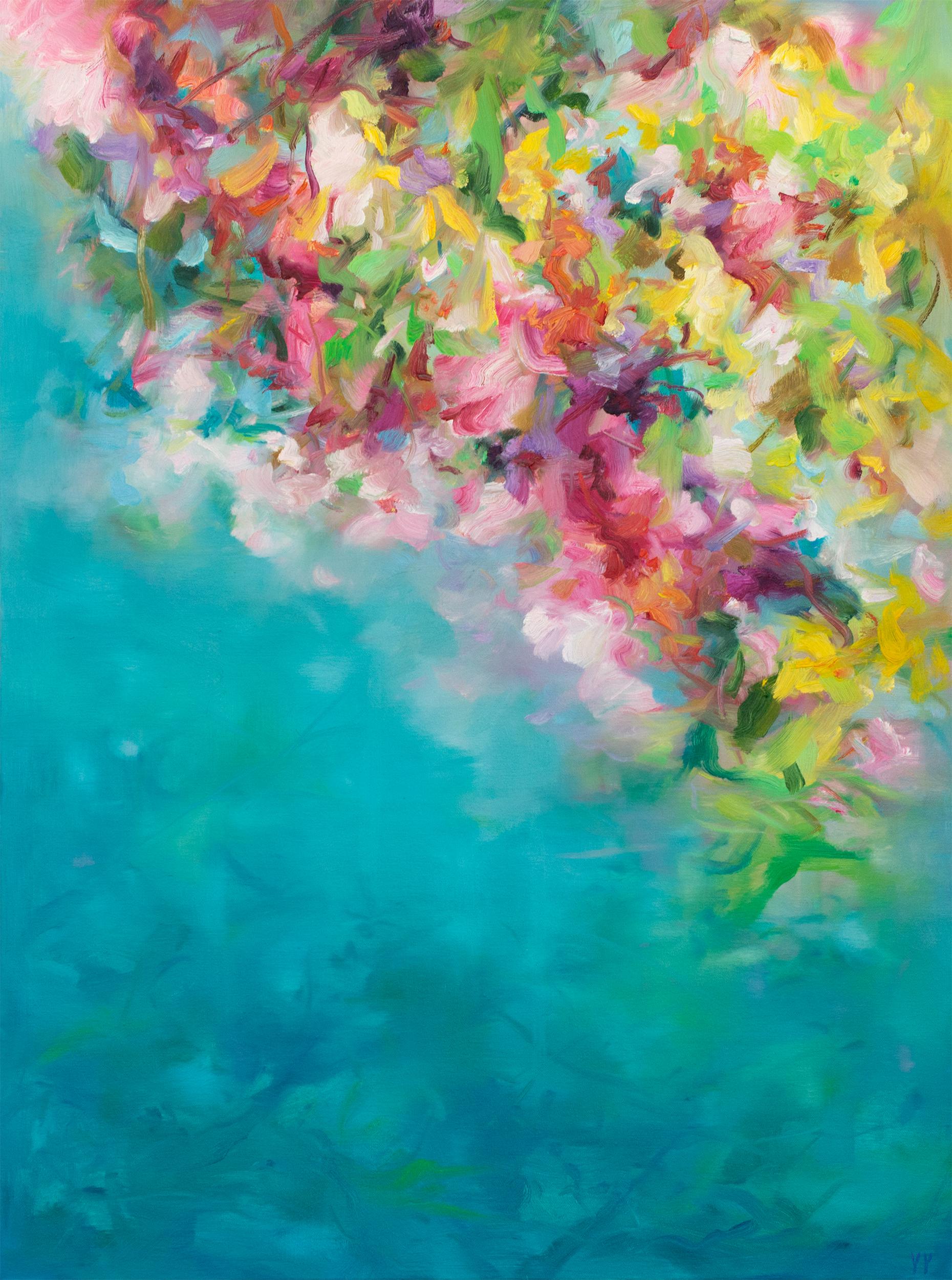 'Blooming Waterside' 2022 by Chinese/Canadian artist Yangyang Pan. Oil on canvas, 40 x 30 in. This beautiful abstract-expressionistic painting incorporates gestural, floral brushstrokes in bold colors of pink, yellow, green, purple, with a blue area