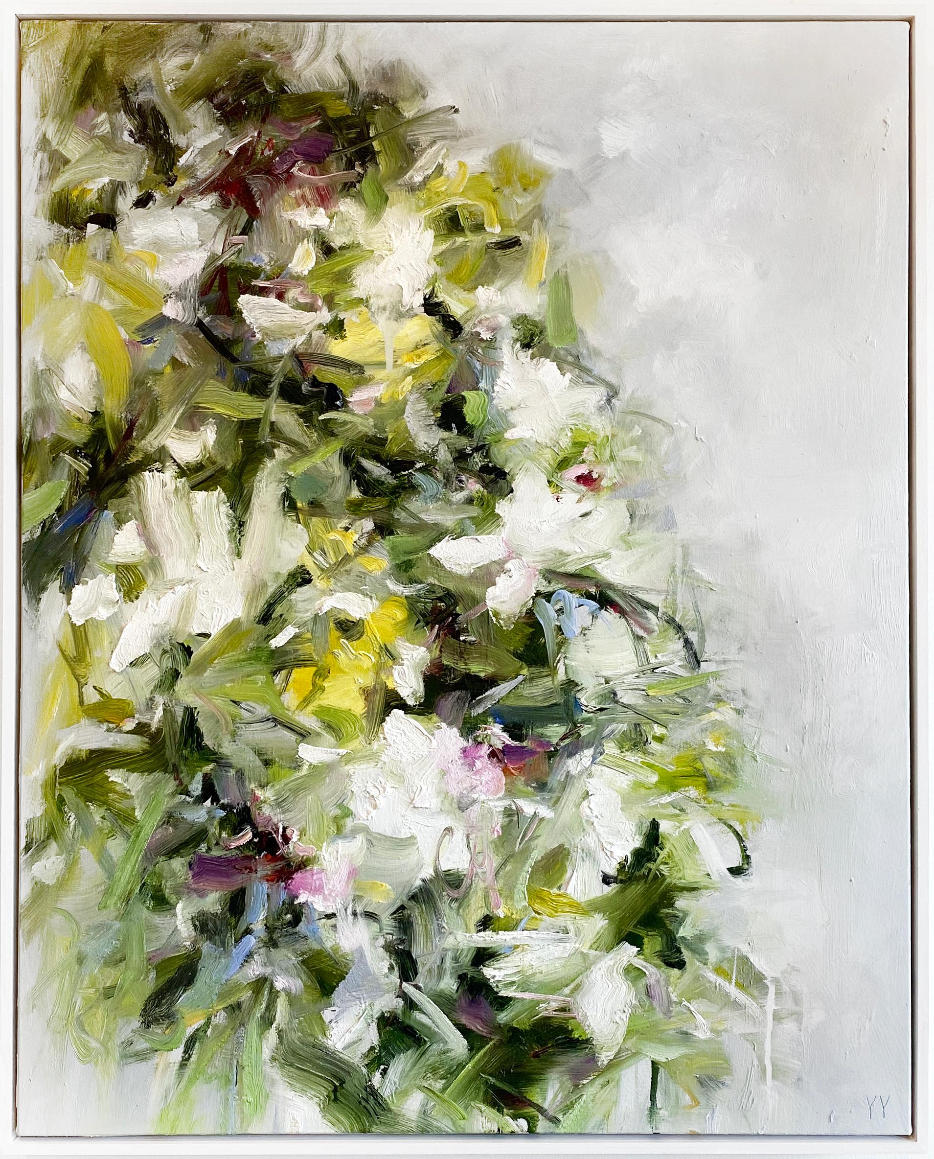 'Branch Bloom' 2022 by Chinese/Canadian artist Yangyang Pan. Oil on canvas, 30 x 24 in. This beautiful abstract-expressionistic, landscape painting incorporates gestural brushstrokes in bold colors of  green, yellow, white, grey, and pink. It is