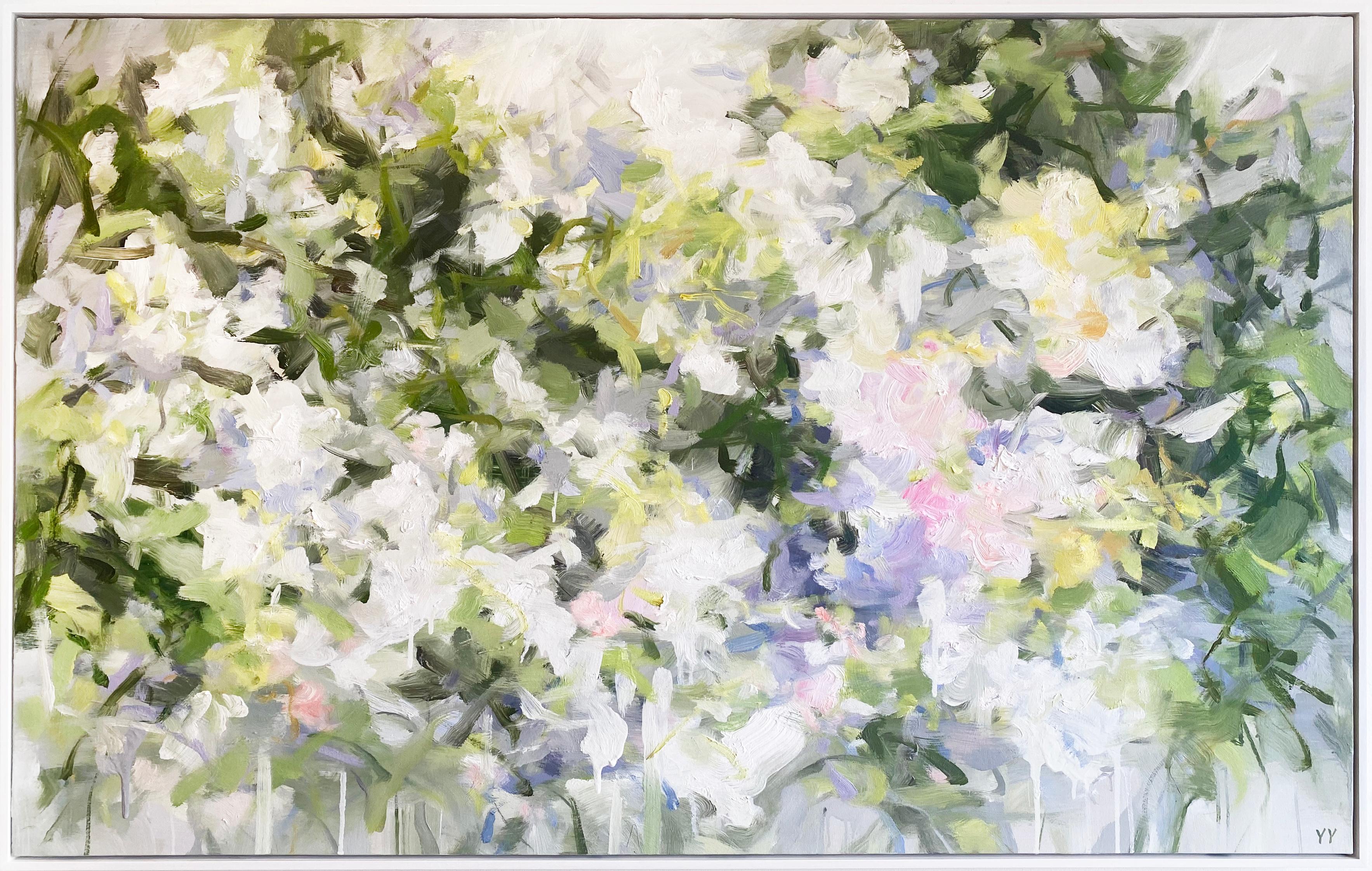 'Delicate Breeze' 2021 by Chinese/Canadian artist Yangyang Pan. Oil on canvas, 30 x 48 in. This beautiful abstract-expressionistic painting incorporates gestural brushstrokes in pastel colors of green, white, pink, yellow, and blue. It is framed in