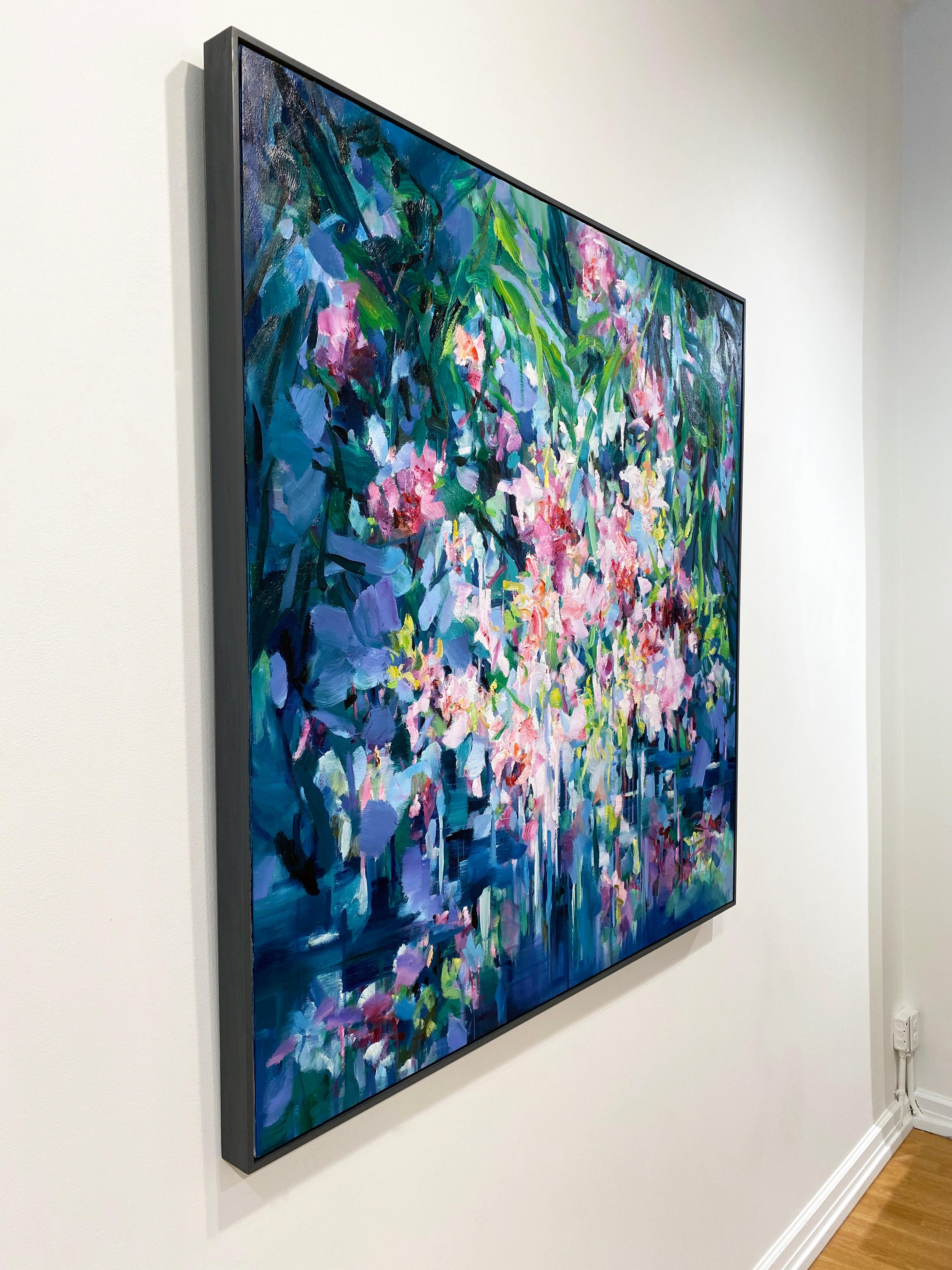 'Forest Song' 2022 by Chinese/Canadian artist Yangyang Pan. Oil on canvas, 48 x 48 in. (framed). This beautiful abstract-expressionistic painting incorporates gestural brushstrokes resembling a floral bouquet in bold colors of blue, green, purple,