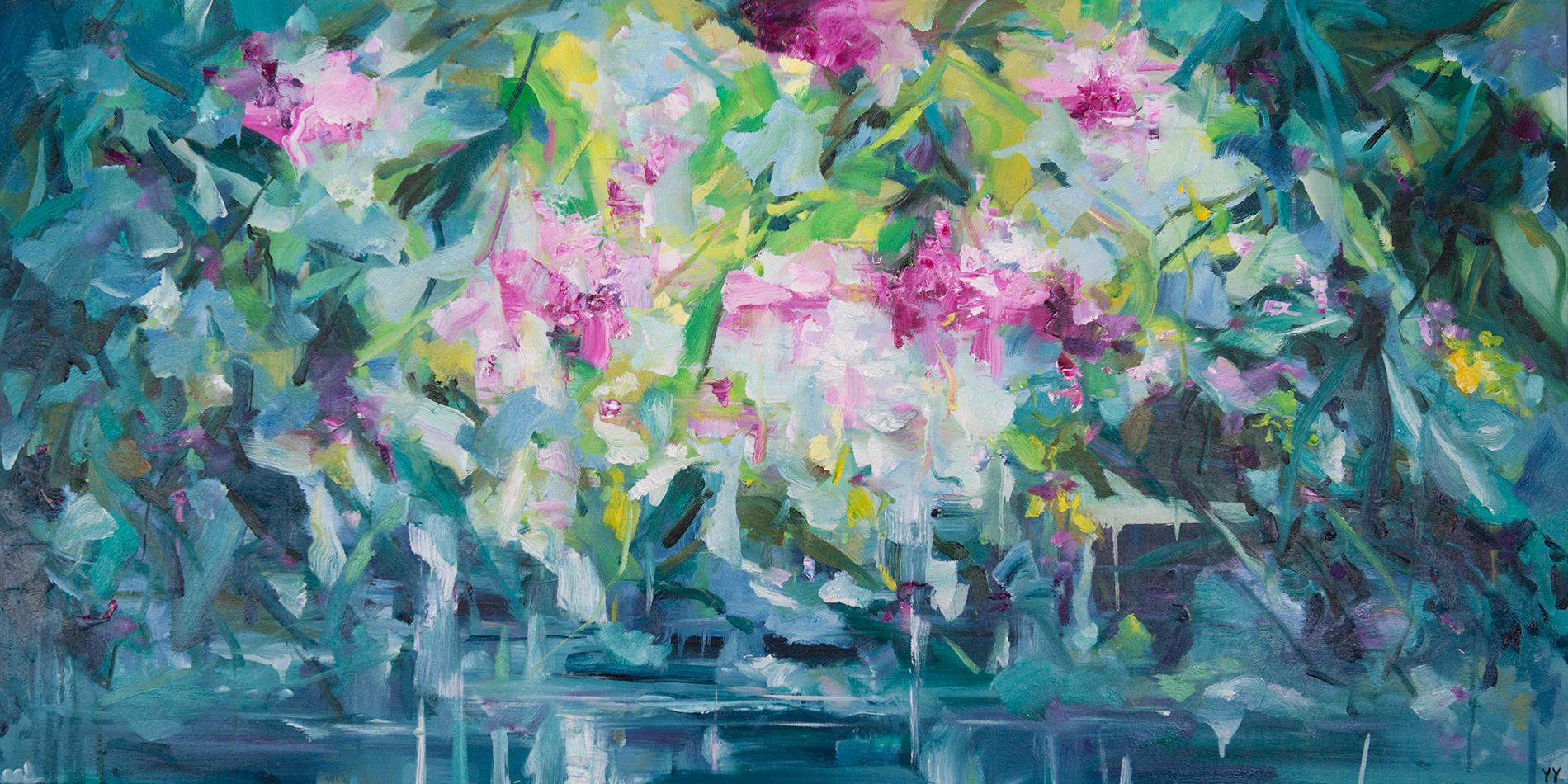 'Illusion of the Forest' 2023 by Chinese/Canadian artist Yangyang Pan. Oil on canvas, 30 x 60 in. / Frame: 31 x 61 in. This beautiful abstracted landscape painting incorporates gestural brushstrokes resembling a floral garden in deep colors of