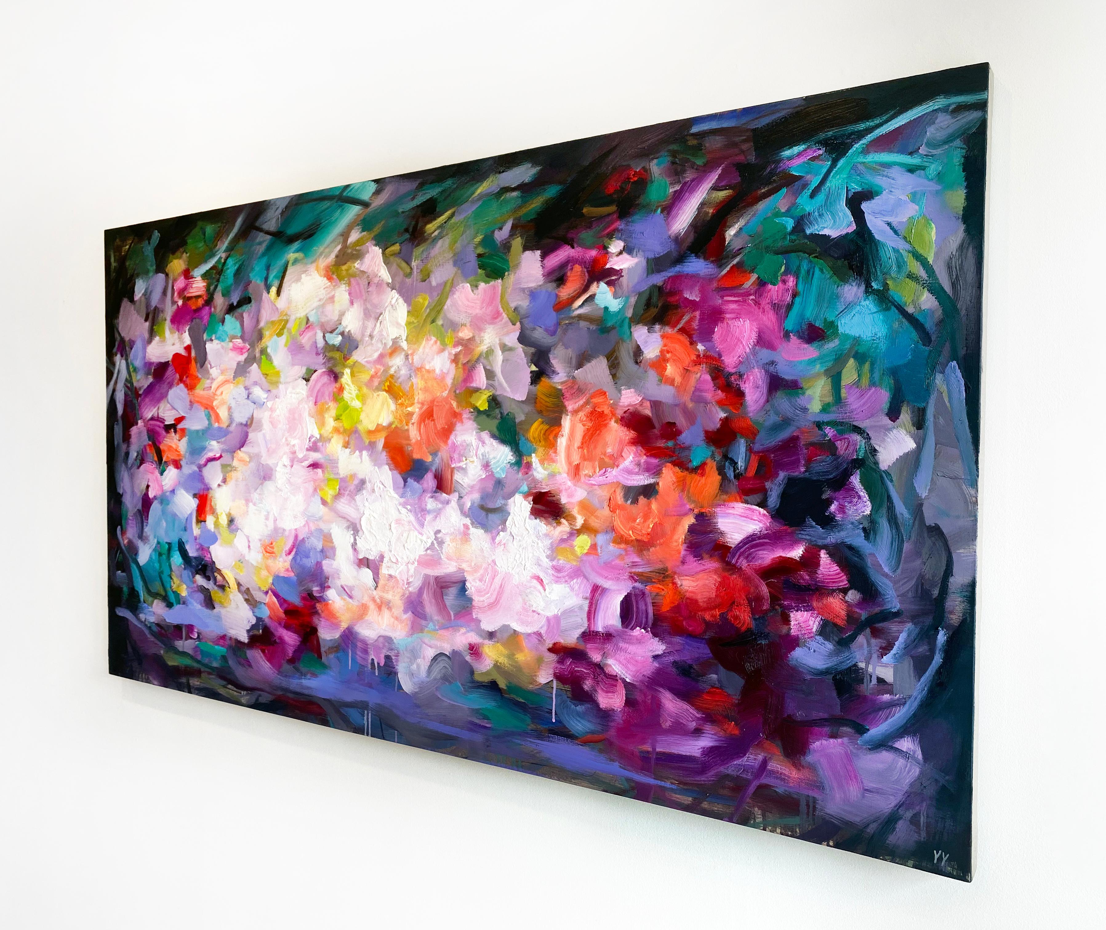 'Luscious' 2021 by Chinese/Canadian artist Yangyang Pan. Oil on linen, 40 x 72 in. This beautiful abstract-expressionistic painting incorporates large gestural brushstrokes in bold colors of purple, pink, blue, red, yellow, and green.

Yangyang Pan