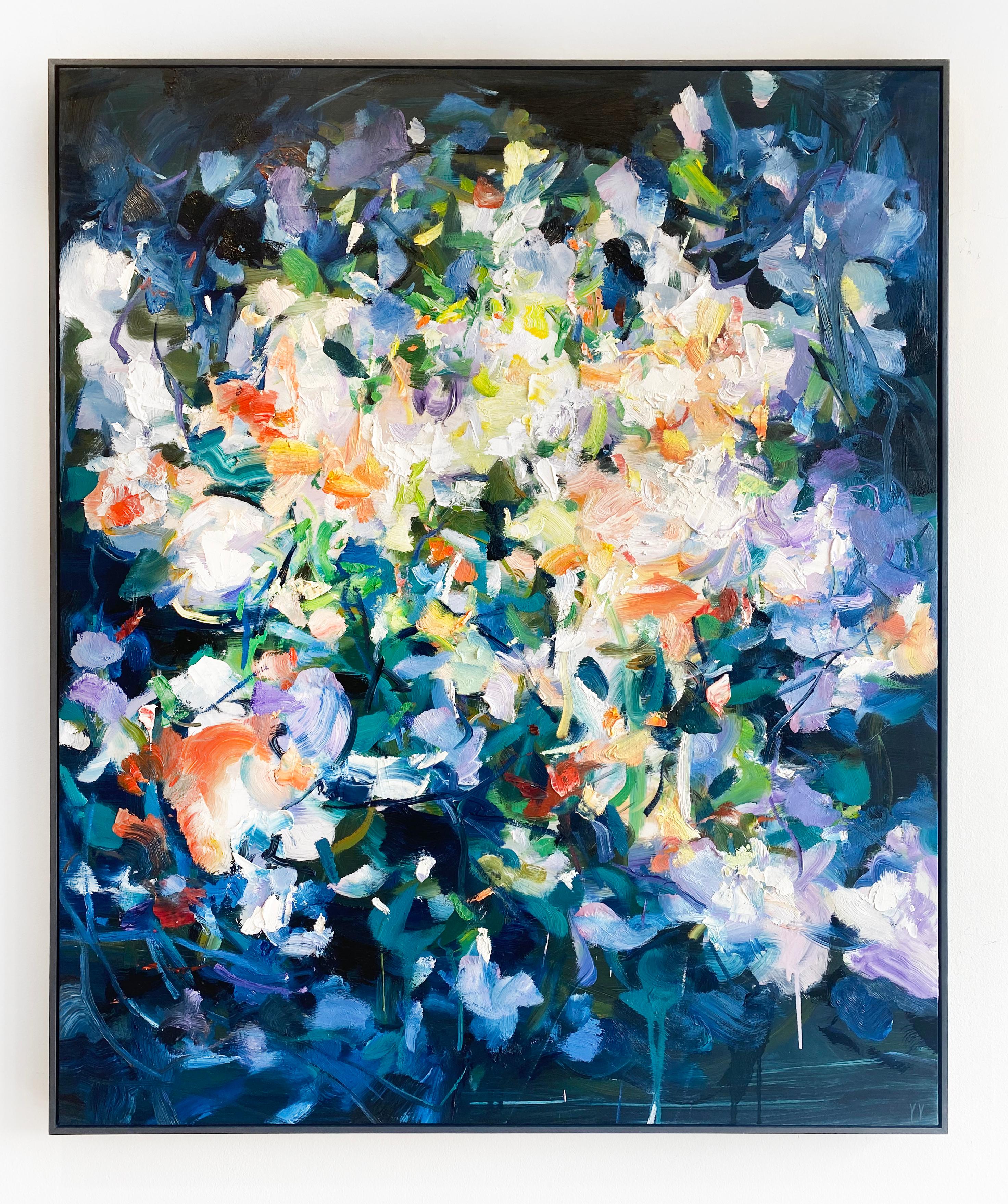 'Night Spark' 2021 by Chinese/Canadian artist Yangyang Pan. Oil on canvas, 48 x 40 in. This beautiful abstract-expressionistic painting incorporates gestural brushstrokes in bold colors of green, white, yellow, purple, and blue. It is framed in a