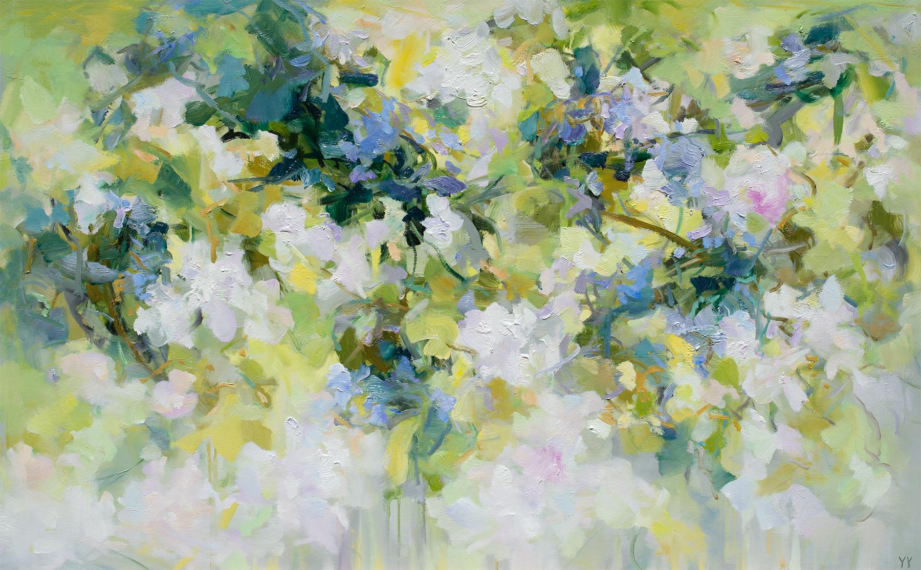 'Spring Equinox' 2023 by Chinese/Canadian artist Yangyang Pan. Oil on canvas, 30 x 48 in. / Frame: 31 in. x 49 in. This beautiful abstract-expressionistic landscape painting incorporates gestural brushstrokes resembling a floral garden in pastel