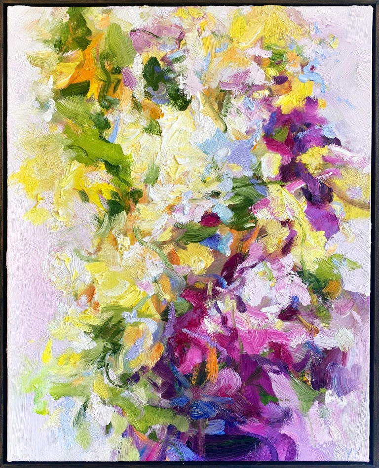 'Sunny Flowers III' 2021 by Chinese/Canadian artist Yangyang Pan. Oil on canvas, 20 x 16 in. This beautiful abstract-expressionistic painting incorporates gestural brushstrokes resembling a floral bouquet in bold colors of pink, yellow, green,