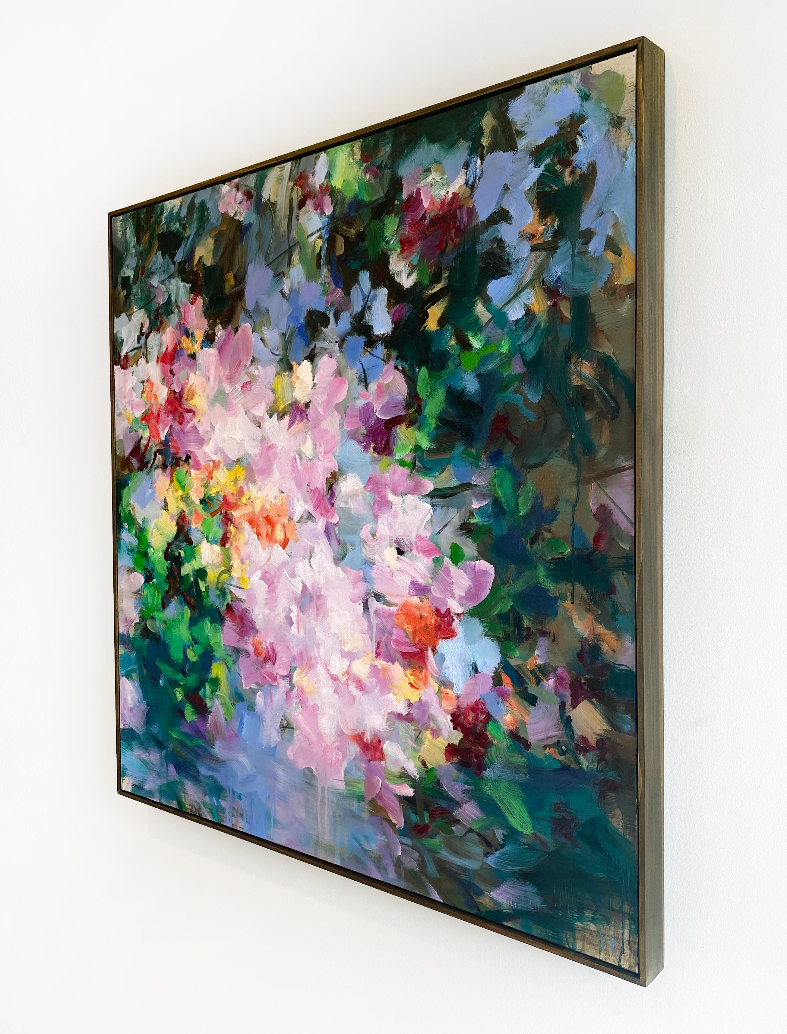 'Timeless' 2021 by Chinese/Canadian artist Yangyang Pan. Oil on linen, 40 x 40 in. This beautiful abstract-expressionistic painting incorporates gestural brushstrokes in bold colors of pink, blue, green, yellow, red, purple, and brown. It is framed