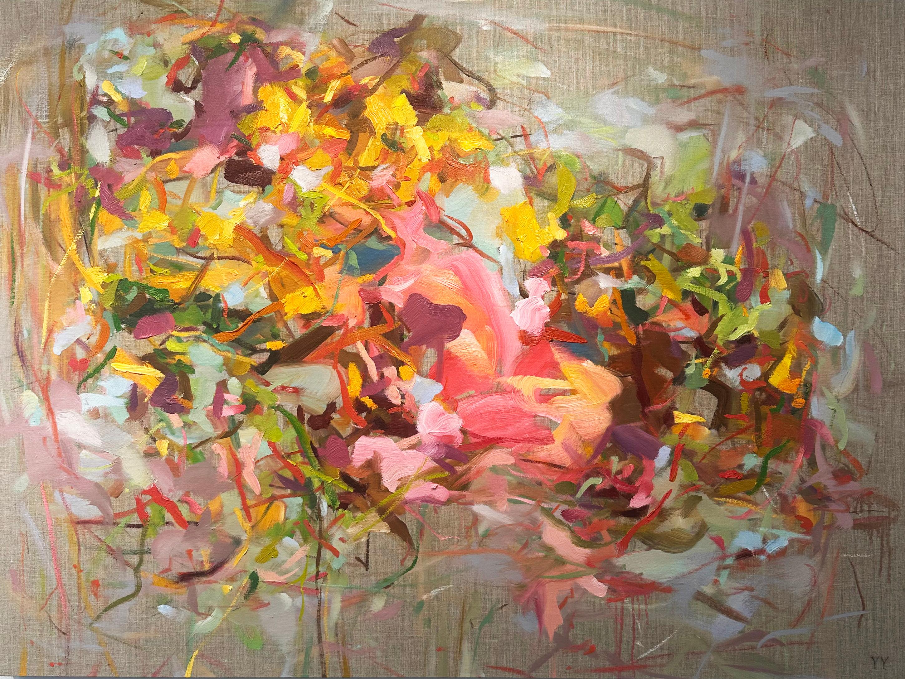 Erhältlich bei Madelyn Jordon Fine Art. Day in Flux" 2025 des chinesisch-kanadischen Künstlers Yangyang Pan. Öl auf Leinwand, 40 x 54 cm. Dieses wunderschöne abstrakt-expressionistische Landschaftsgemälde enthält gestische Pinselstriche, die an