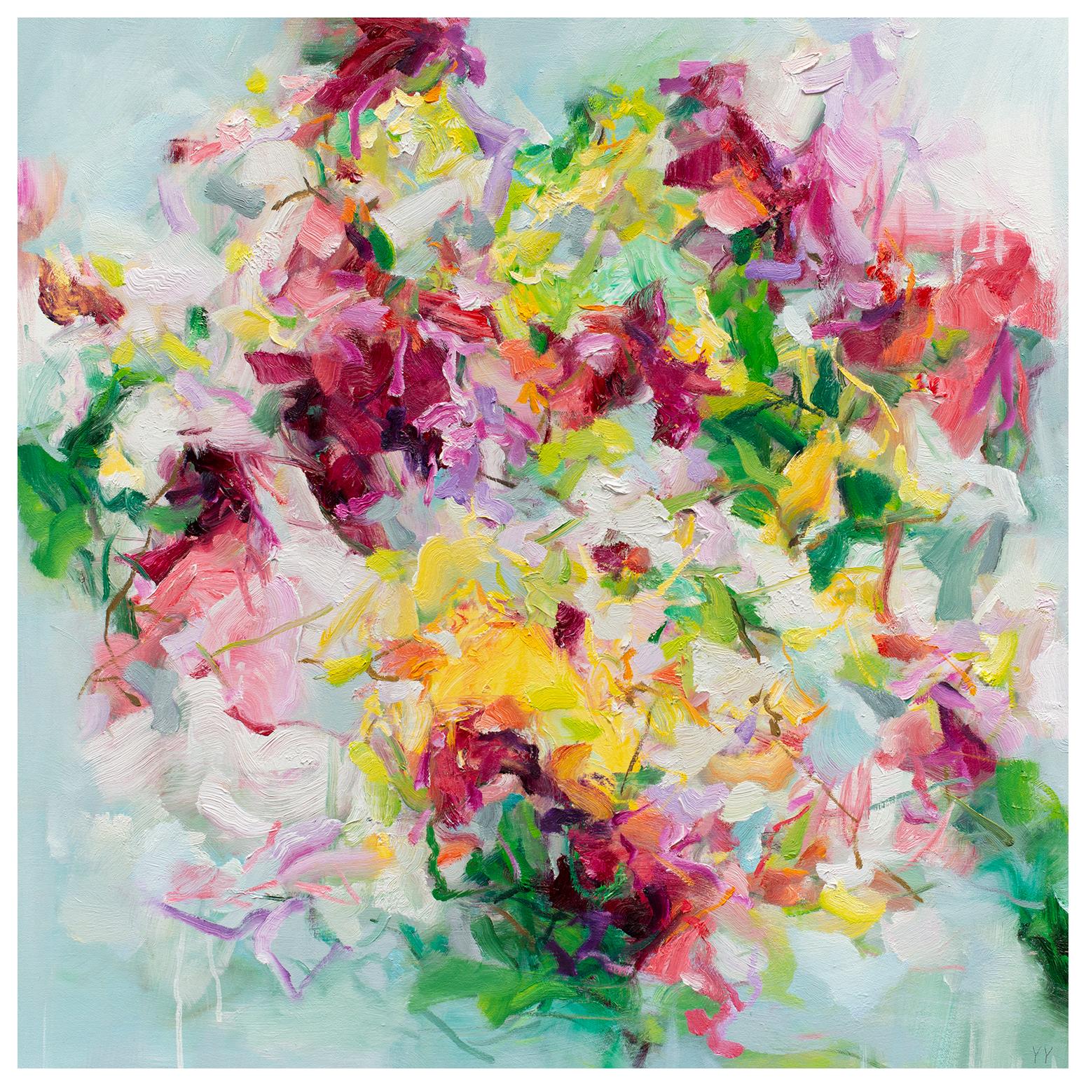 Available at Madelyn Jordon Fine Art. 'Fab' 2023 by Chinese/Canadian artist Yangyang Pan. Oil on canvas, 30 x 30 in. / Frame: 31 x 31 in. This beautiful abstract-expressionistic landscape painting incorporates gestural brushstrokes resembling a
