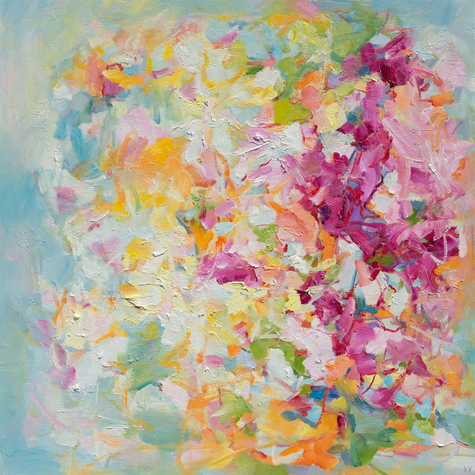 Flourish" 2023 von dem chinesisch-kanadischen Künstler Yangyang Pan. Öl auf Leinwand, 36 x 36 Zoll. / Rahmen: 37 x 37 in. Dieses wunderschöne abstrakt-expressionistische Landschaftsgemälde enthält gestische Pinselstriche, die an einen Blumengarten