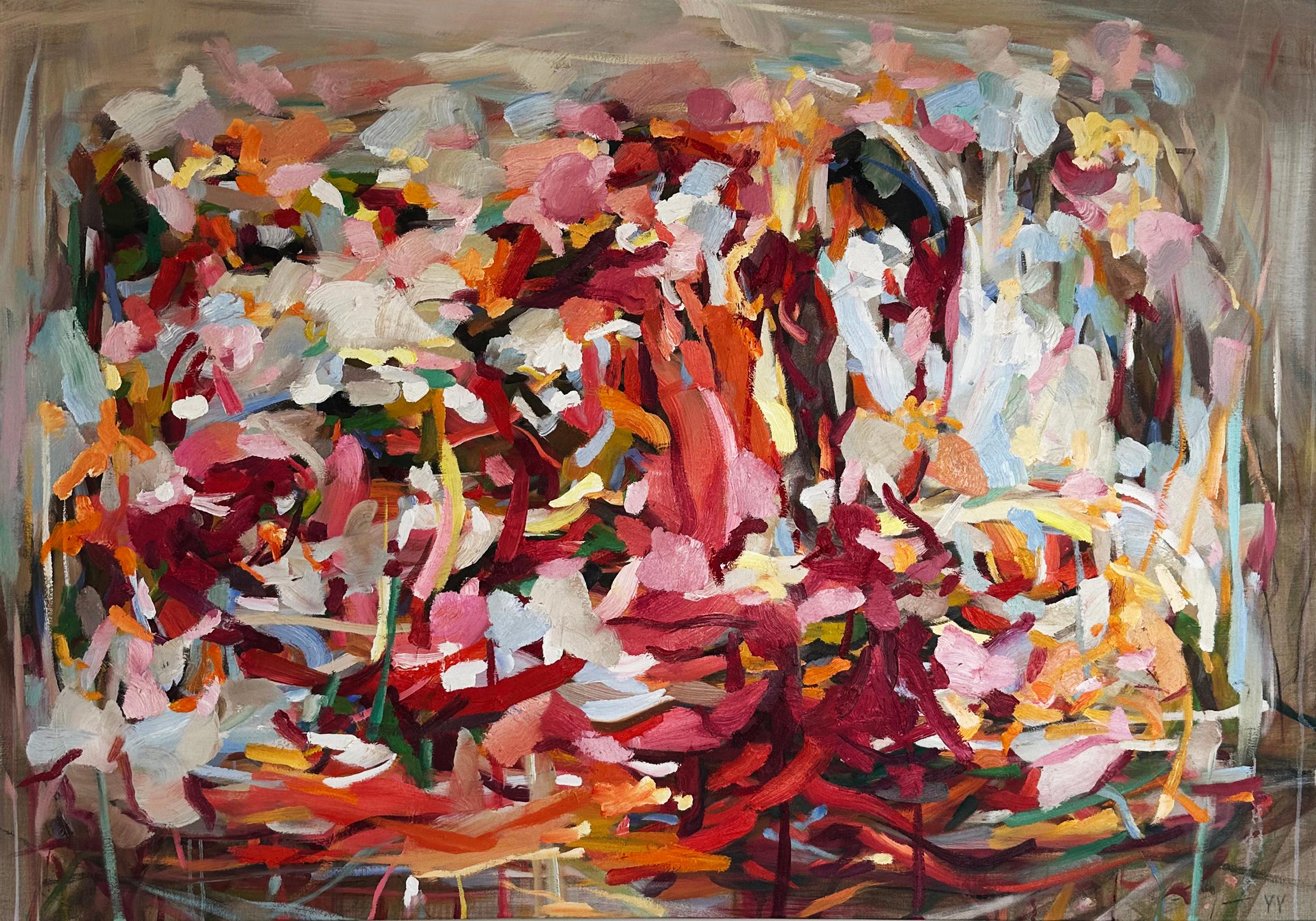 Erhältlich bei Madelyn Jordon Fine Art. Good Times" 2025 von dem chinesisch-kanadischen Künstler Yangyang Pan. Öl auf Leinwand, 42 x 60 cm. Dieses wunderschöne abstrakt-expressionistische Landschaftsgemälde enthält gestische Pinselstriche, die an