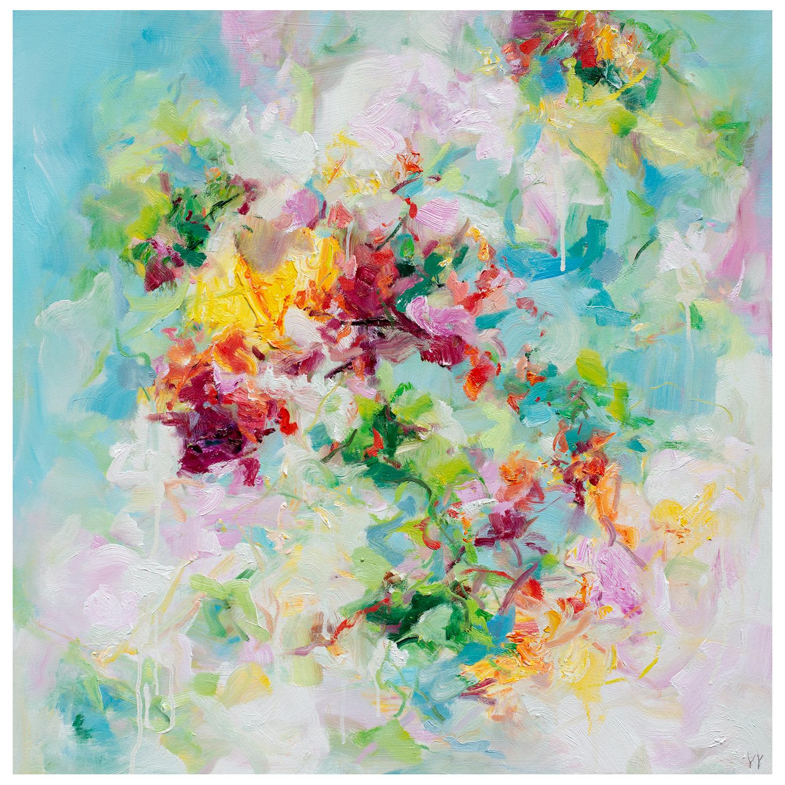 Available at Madelyn Jordon Fine Art. 'Ideal' 2023 by Chinese/Canadian artist Yangyang Pan. Oil on canvas, 30 x 30 in. / Frame: 31 x 31 in. This beautiful abstract-expressionistic landscape painting incorporates gestural brushstrokes resembling a