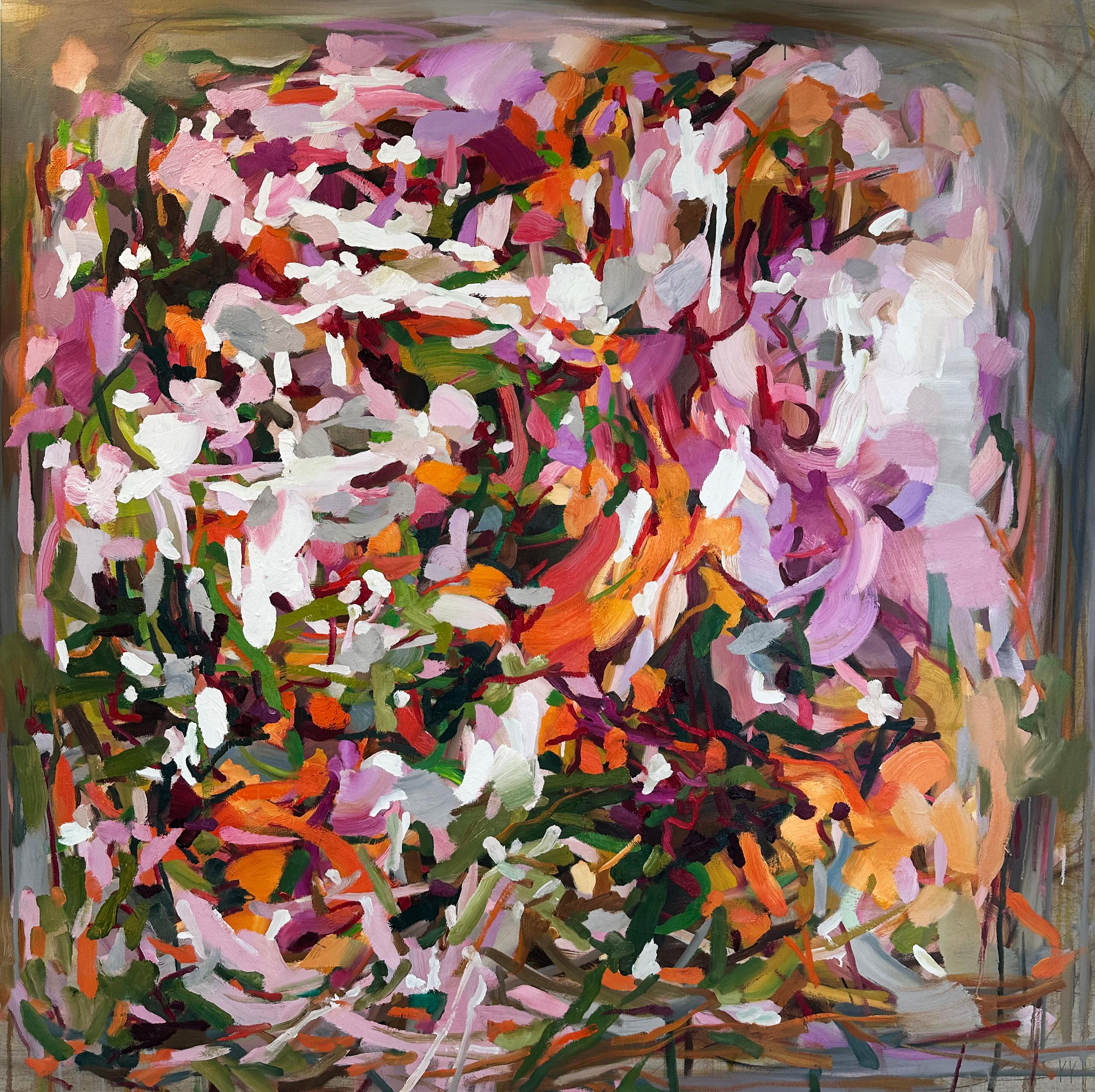 Available at Madelyn Jordon Fine Art. 'Lush Overgrowth' 2025 by Chinese/Canadian artist Yangyang Pan. Oil on canvas, 60 x 60 in. This beautiful abstract-expressionistic landscape painting incorporates gestural brushstrokes resembling a floral garden
