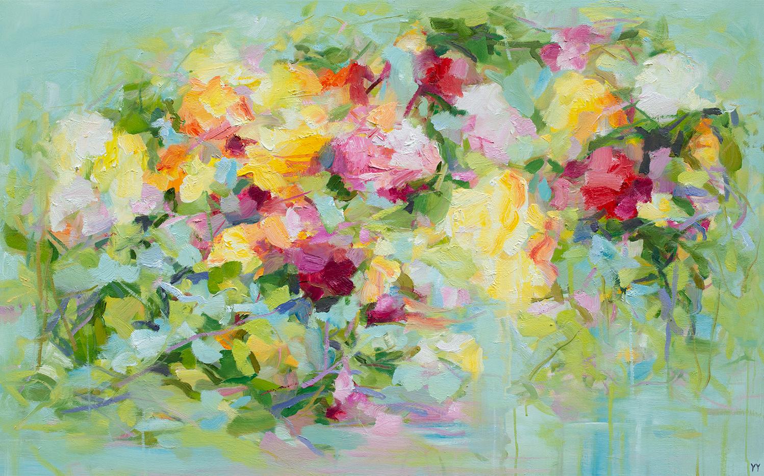 Available at Madelyn Jordon Fine Art. 'Midsummer' 2023 by Chinese/Canadian artist Yangyang Pan. Oil on canvas, 30 x 48 in. / Frame: 31 x 49 in. This beautiful abstract-expressionistic landscape painting incorporates gestural brushstrokes resembling