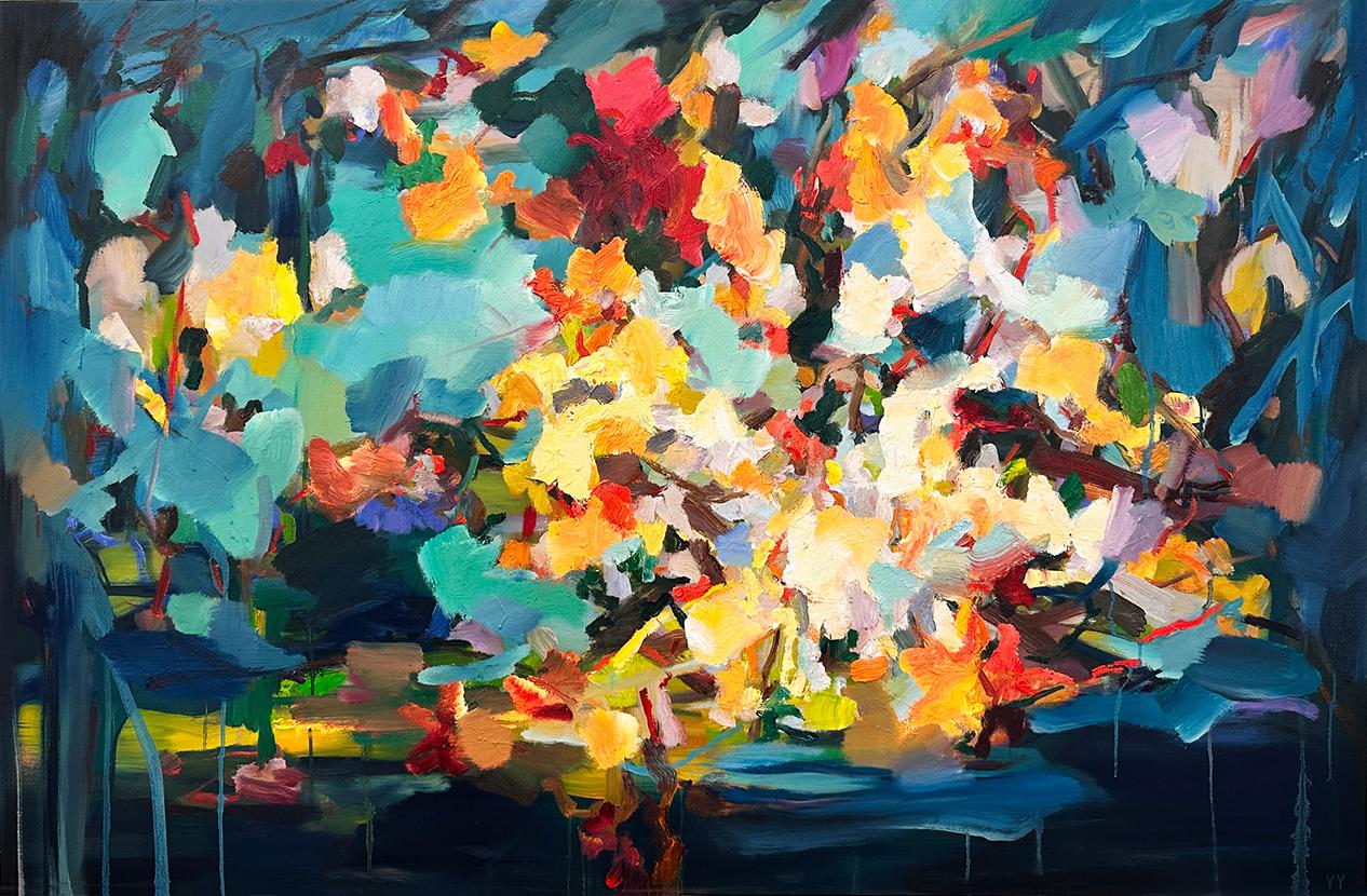 Available at Madelyn Jordon Fine Art. 'Sultry Night' 2024 by Chinese/Canadian artist Yangyang Pan. Oil on canvas, 34 x 52 in. This beautiful abstract-expressionistic landscape painting incorporates gestural brushstrokes resembling a floral garden in