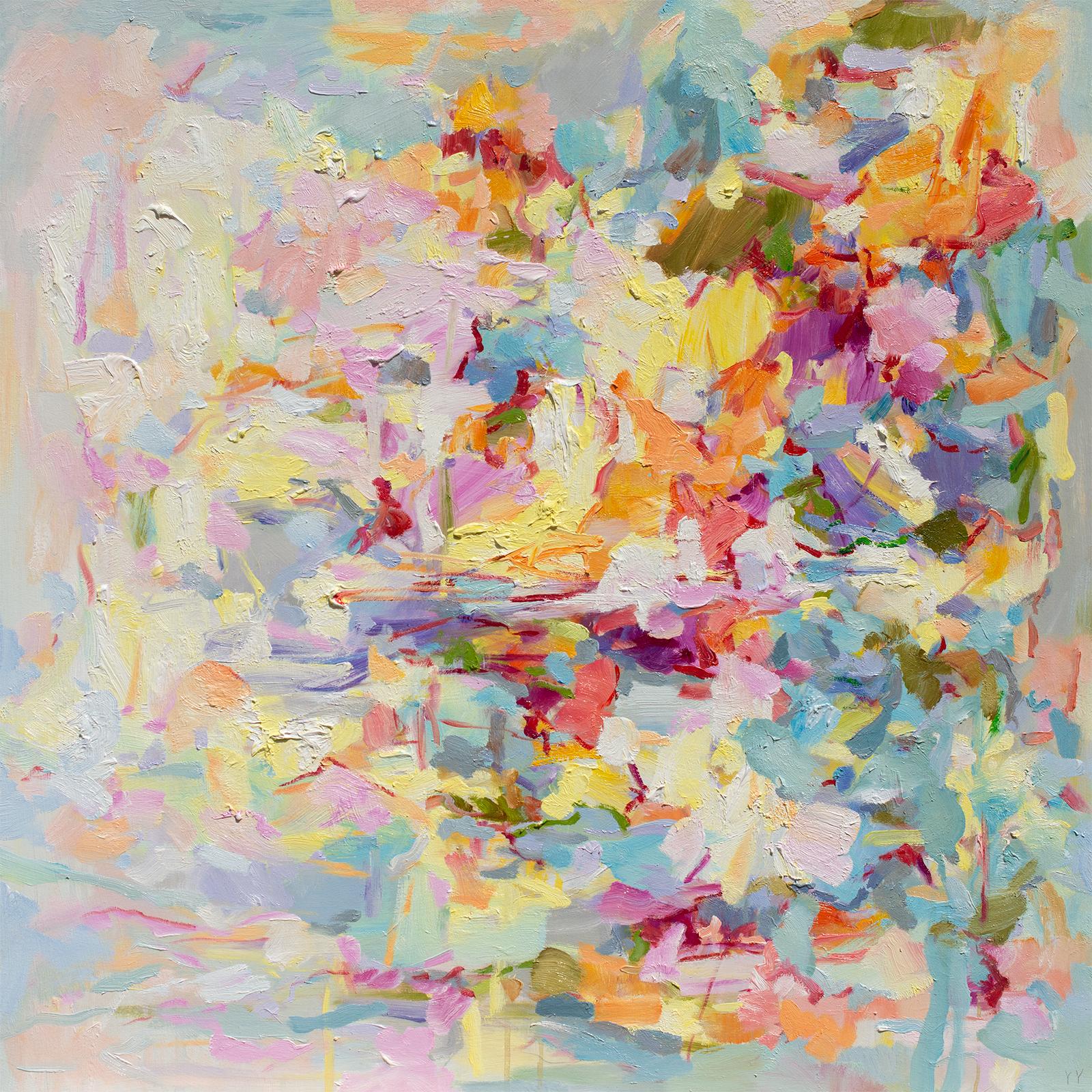 'Vibration' 2023 by Chinese/Canadian artist Yangyang Pan. Oil on canvas, 36 x 36 in. / Frame: 37 x 37 in. This beautiful abstract-expressionistic, landscape painting incorporates gestural brushstrokes resembling a floral garden in pastel colors of