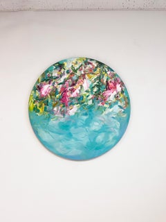 Peinture à l'huile abstraite et colorée de Yangyang Pan, intitulée « Mer peu profonde et fleurs » (format tondo)