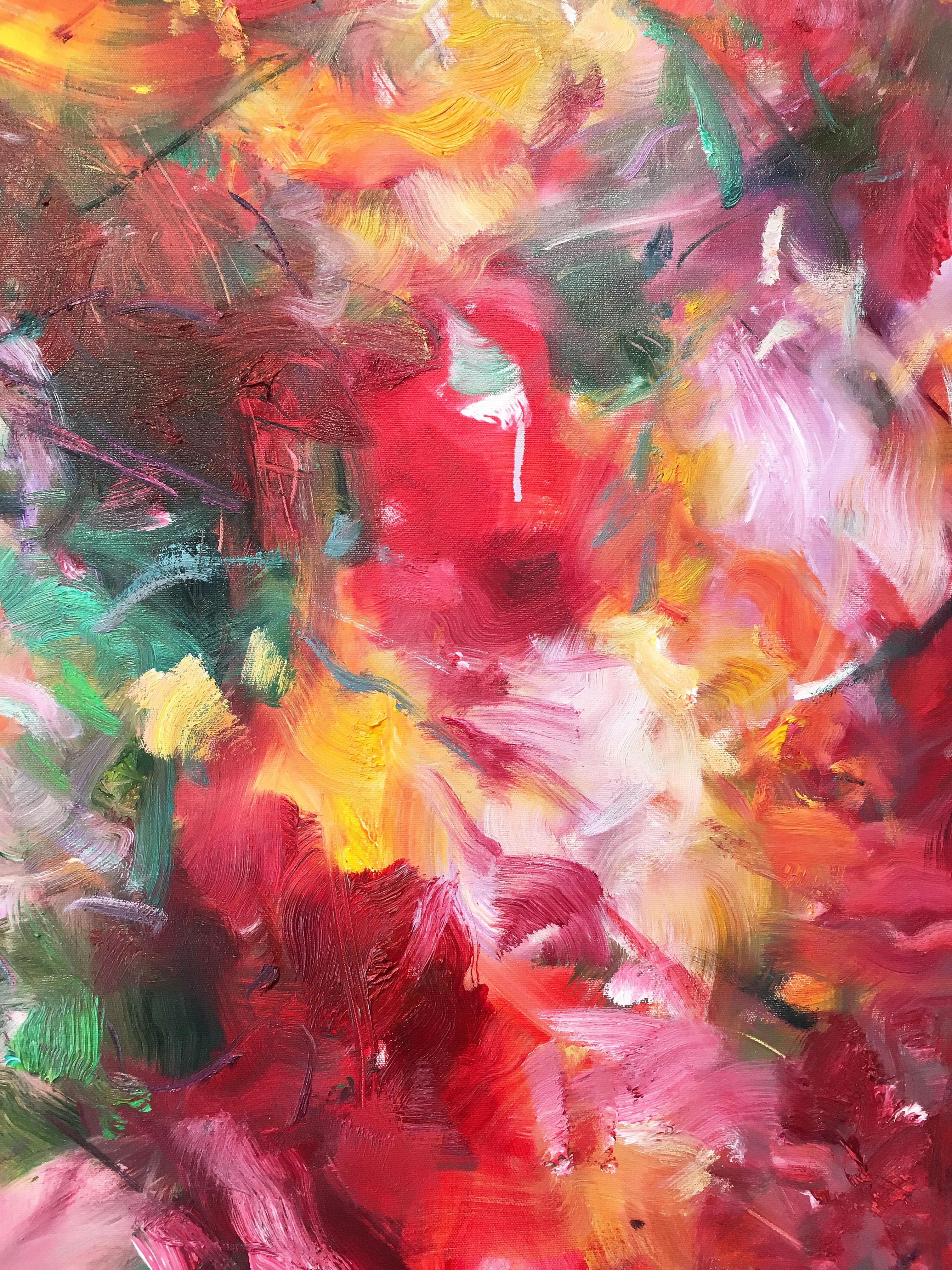 'Flowering Plants' 2018 by Chinese/Canadian artist Yangyang Pan. Oil on linen, 60 x 48 in. This beautiful abstract-impressionistic garden landscape painting incorporates large gestural brush strokes in rich colors of red, pink, yellow, purple,