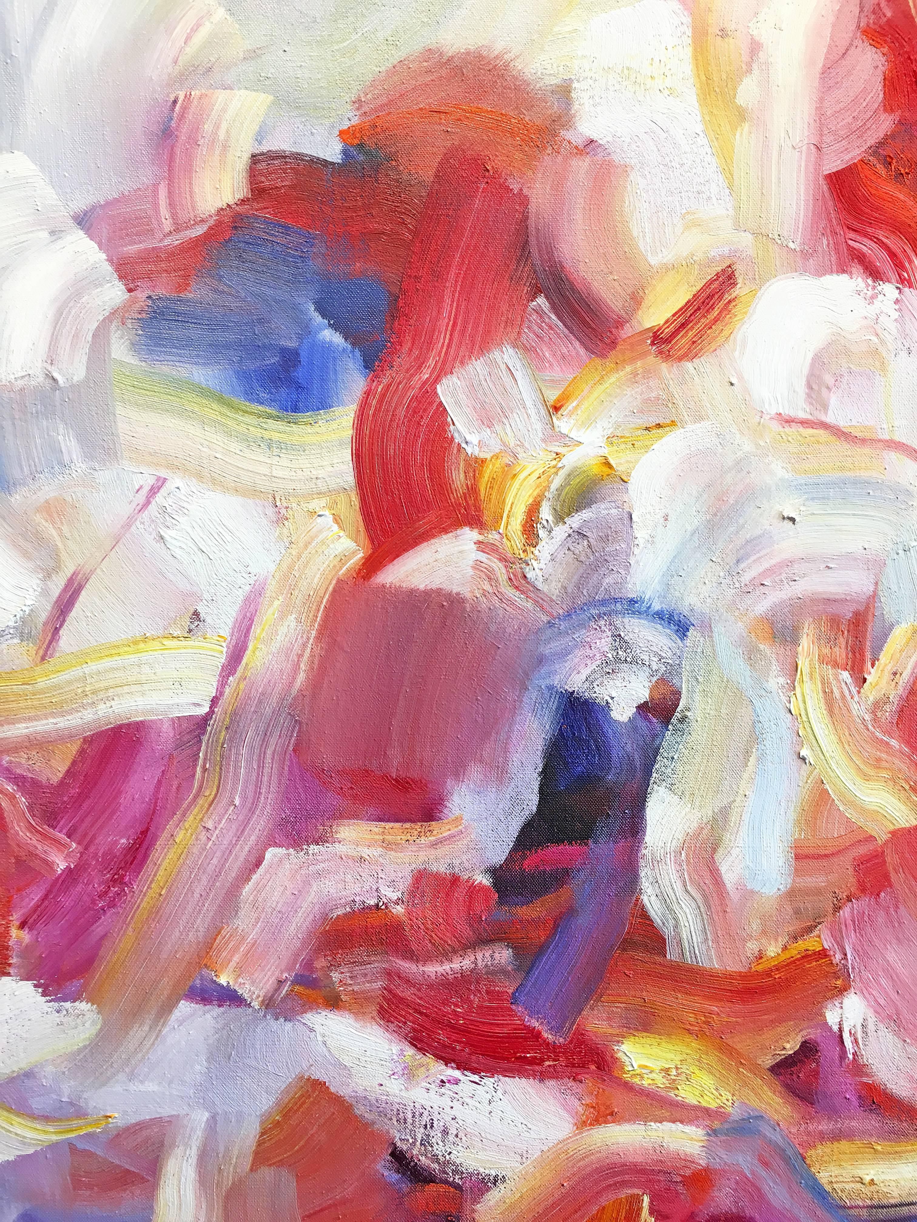 'Phoenix' 2018 by Chinese/Canadian artist Yangyang Pan. Oil on linen, 42 x 72 in. This beautiful abstract-impressionistic garden landscape painting incorporates large gestural brush strokes in rich colors of blue, purple, pink, red, orange, black,