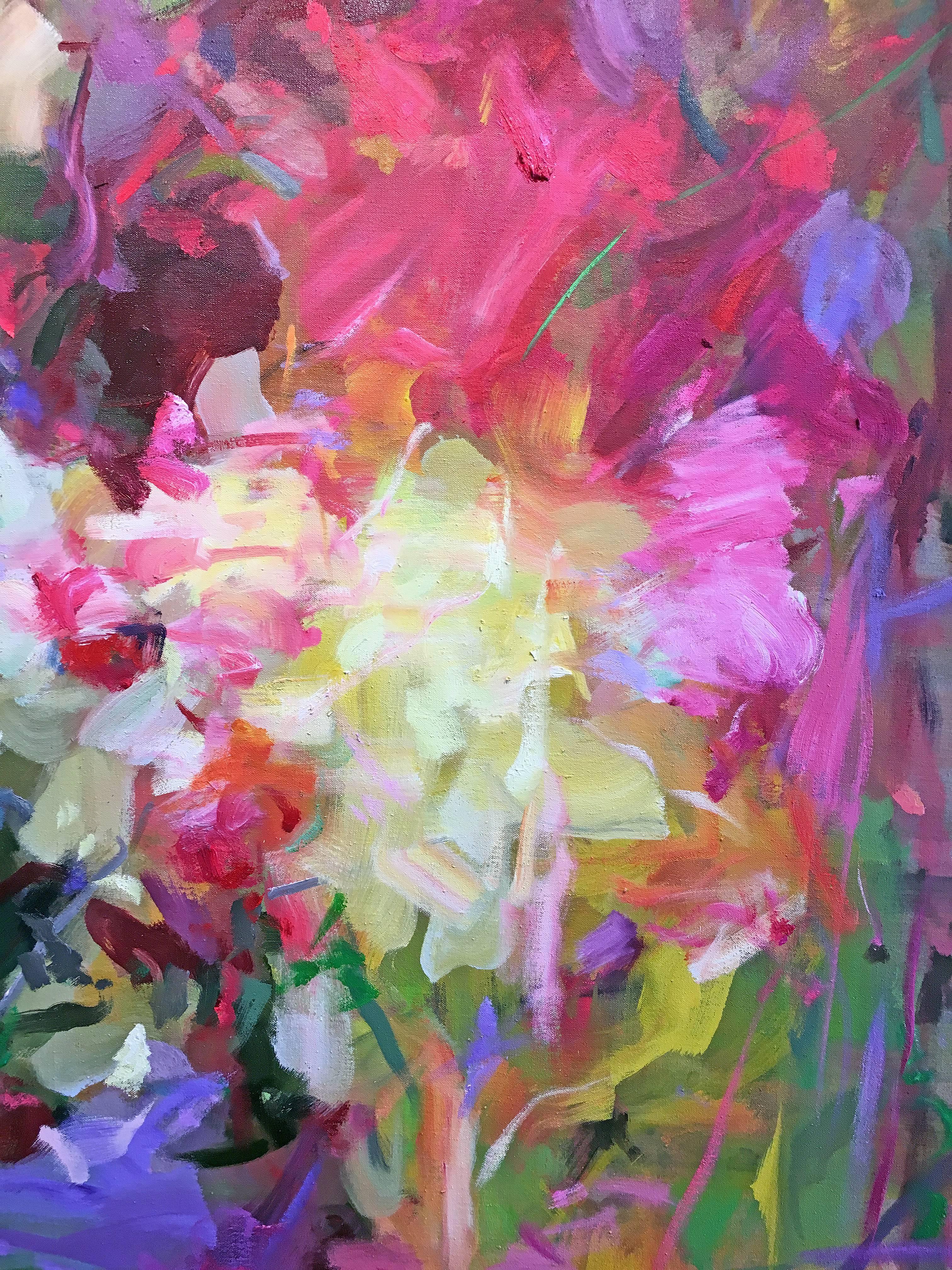 'Unveiling' 2017-18 by Chinese/Canadian artist Yangyang Pan. Oil on linen, 60 x 60 in. This beautiful abstract-impressionistic garden landscape painting incorporates large gestural brush strokes in rich colors of purple, green, red, orange, pink,