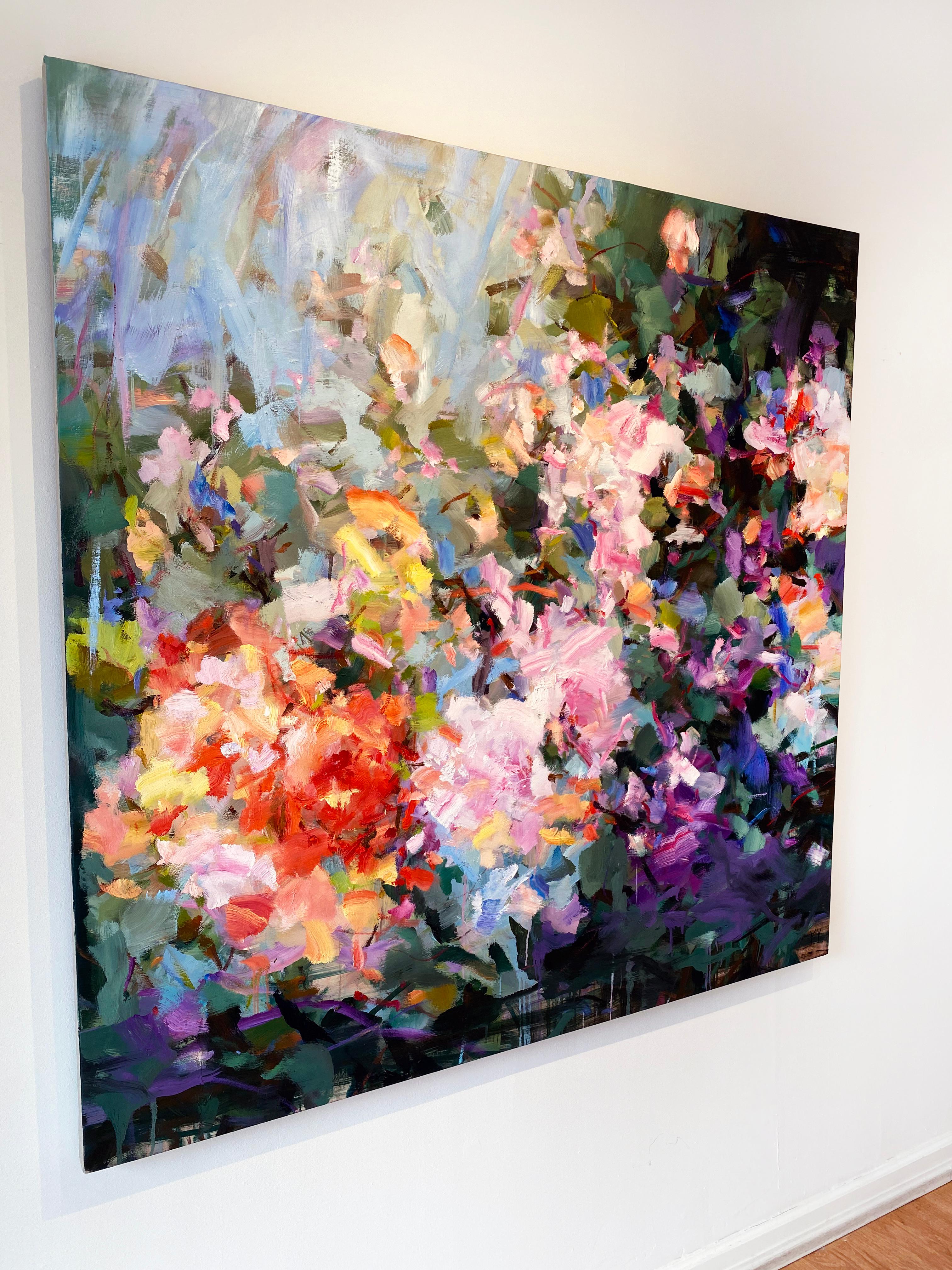 'Euphoria' 2021 by Chinese/Canadian artist Yangyang Pan. Oil on linen, 60 x 60 in. This beautiful abstract-impressionistic floral painting incorporates large gestural brushstrokes in bold colors of blue, pink, purple, red, yellow, white, and