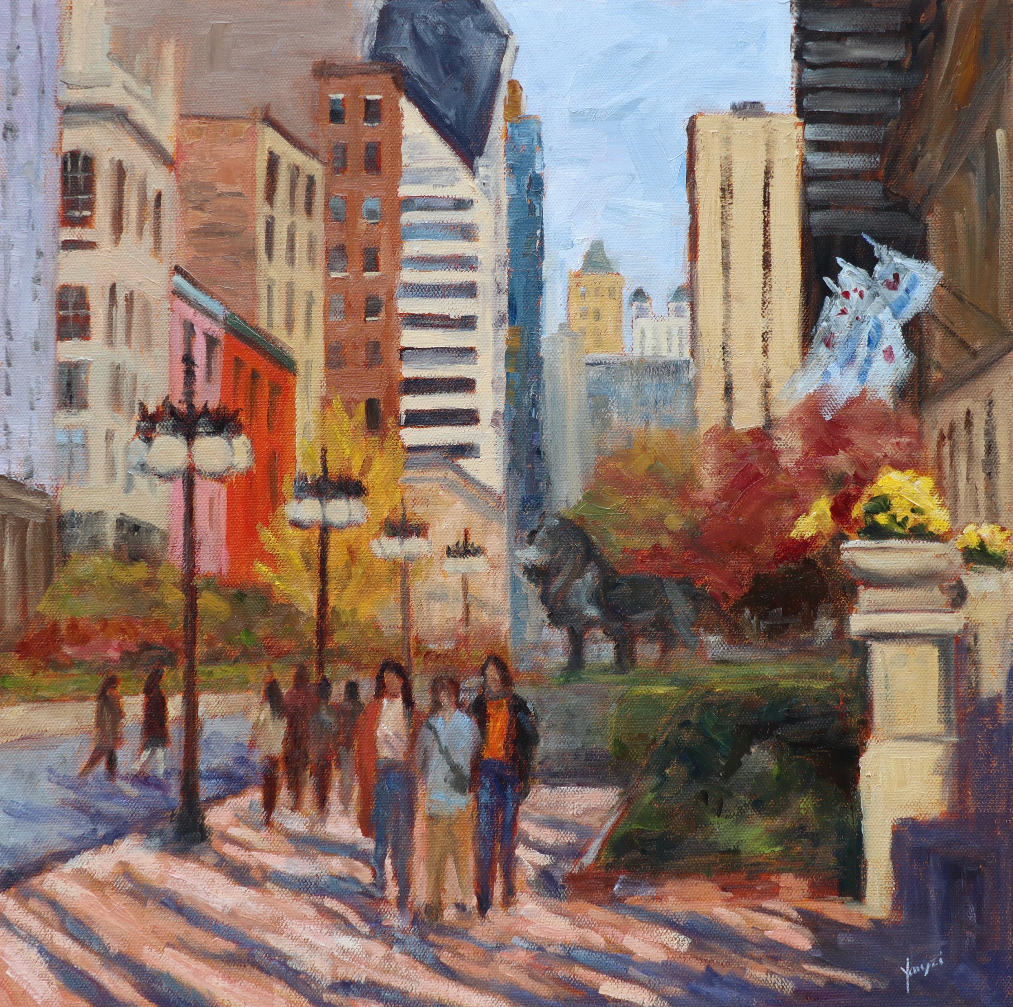 <p>Comentarios del artista<br />Los peatones pasean por las calles del centro de Chicago, pasando junto a las icónicas estatuas de leones del Instituto de Arte de Chicago. Los tonos otoñales llenan la escena mientras los altos edificios se alzan en