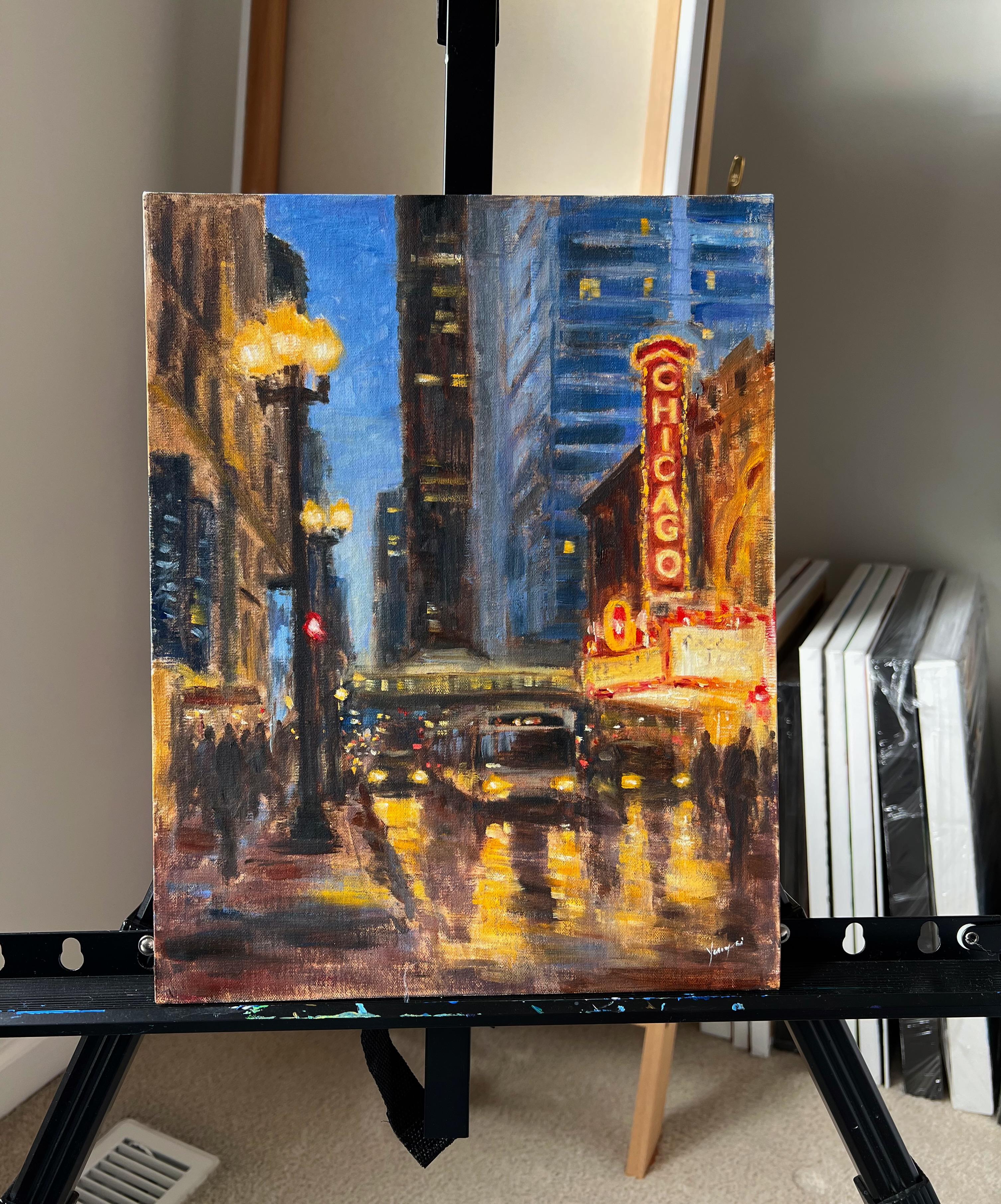 <p>Artist Comments<br>Artist Yangzi Xu portrays an iconic scene on State Street, Chicago. Her radiant depiction of signages and streetlights breathes life into the dynamic cityscape. â€œIâ€™m fascinated by the mood and tones when the city