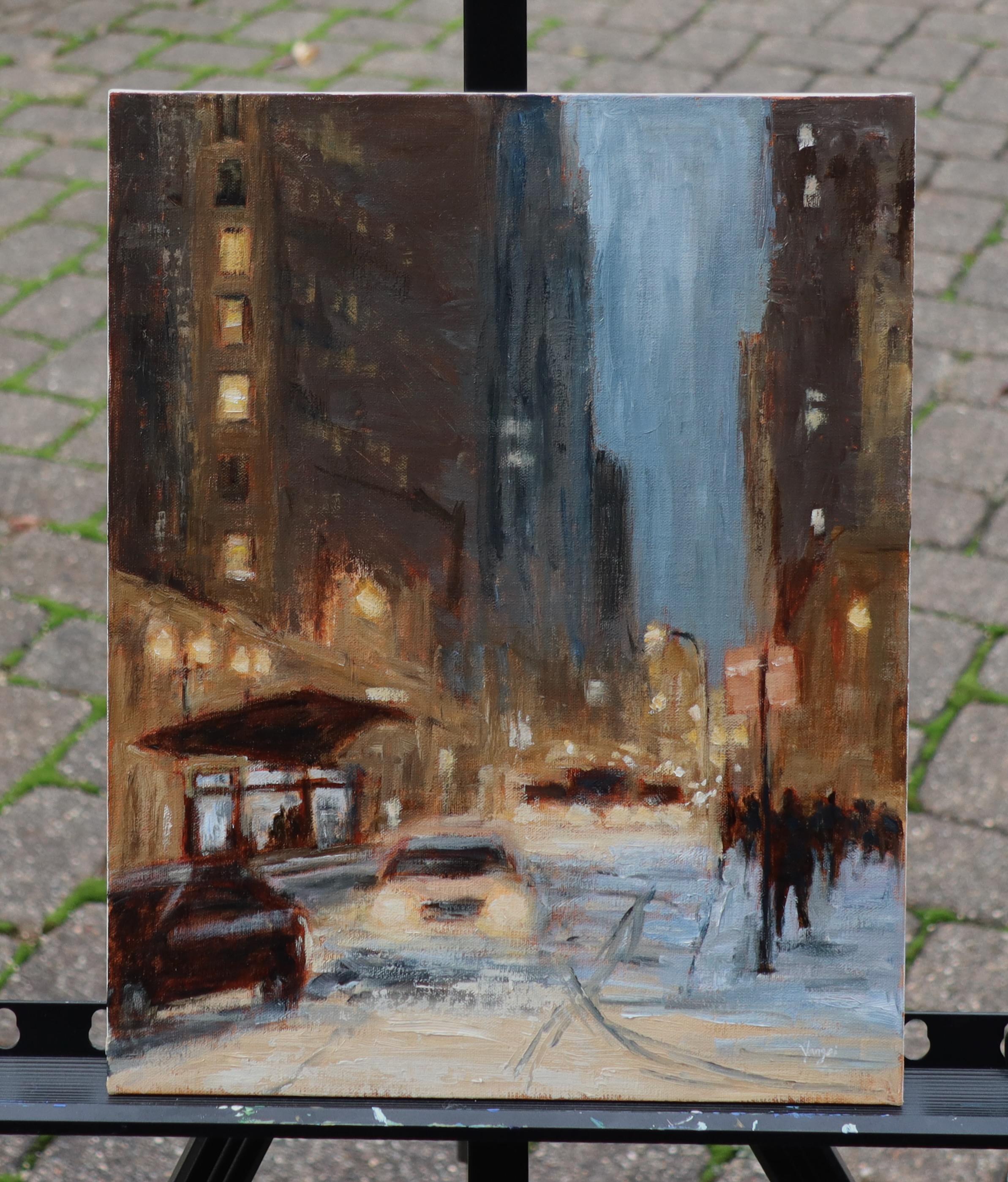 <p>Artist Comments<br>Streetlights cast a warm glow as snow falls gently around them. Cars glide along the road, while blurred figures stroll on the sidewalk. This winter night's harmonious blend of blues, browns, and whites evokes a cozy, romantic