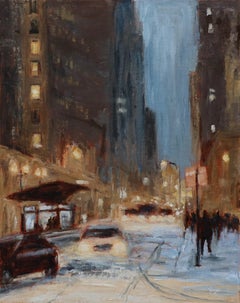 Evening Snowfall in the City, Oil Painting