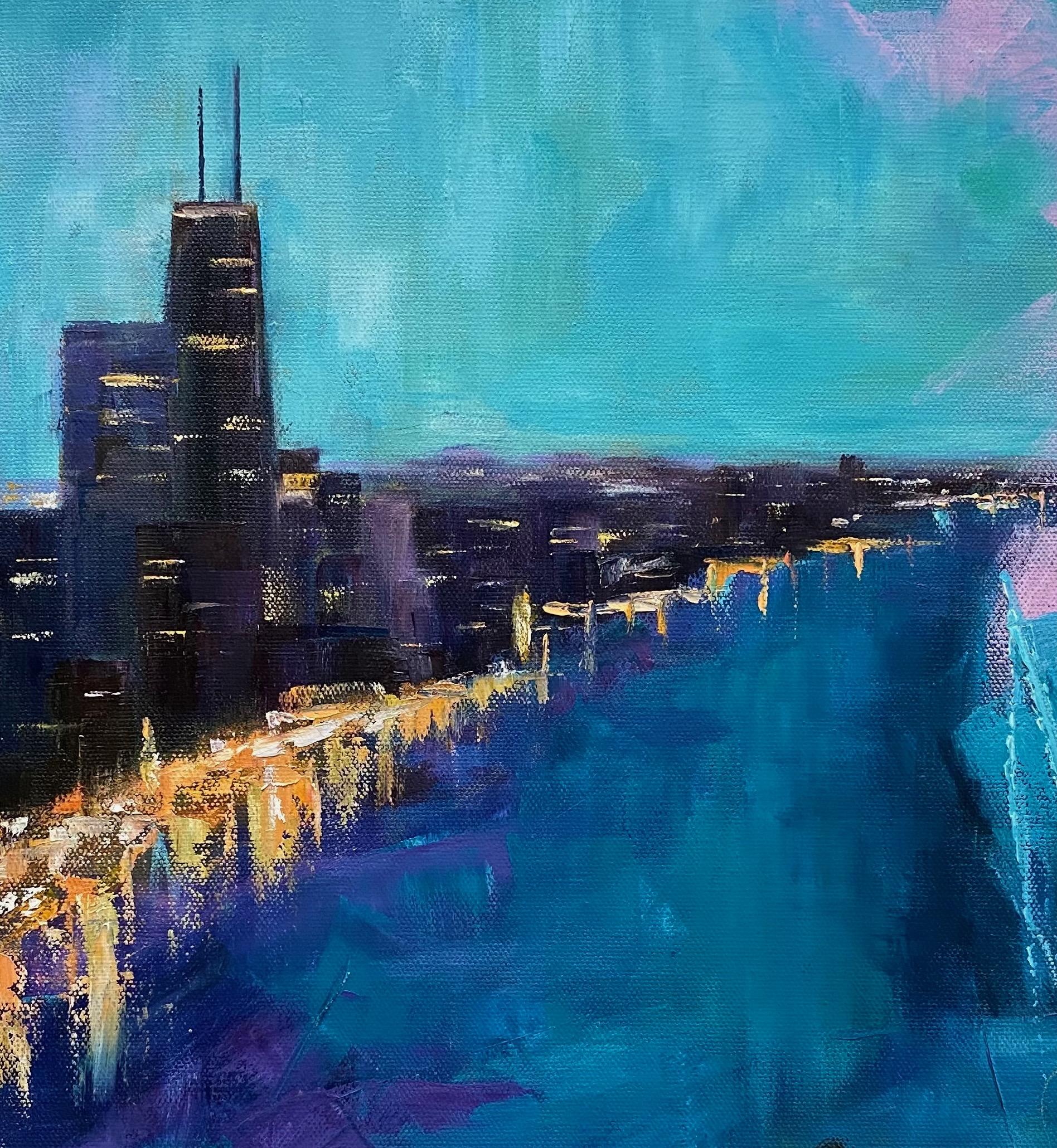 <p>Artist Comments<br />Beckoning lights flicker, their reflections stretching on calm blue waters. Artist Yangzi Xu blends realism with abstraction in this compelling lakeside depiction of the Chicago skyline. “I wanted to explore the drama of