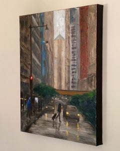 La Salle Street, Rainy Day, Oil Painting