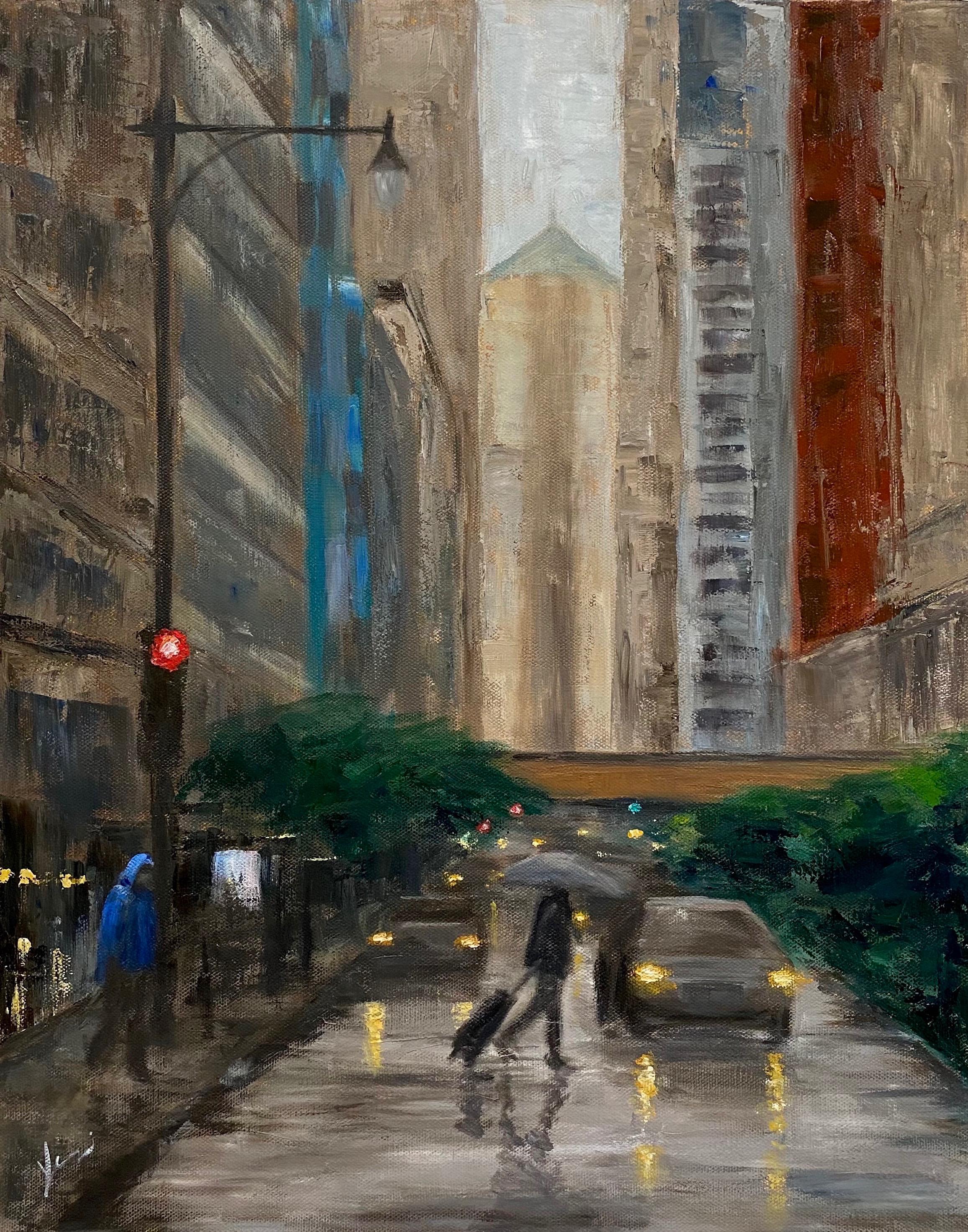 La Salle Street, Rainy Day, Oil Painting