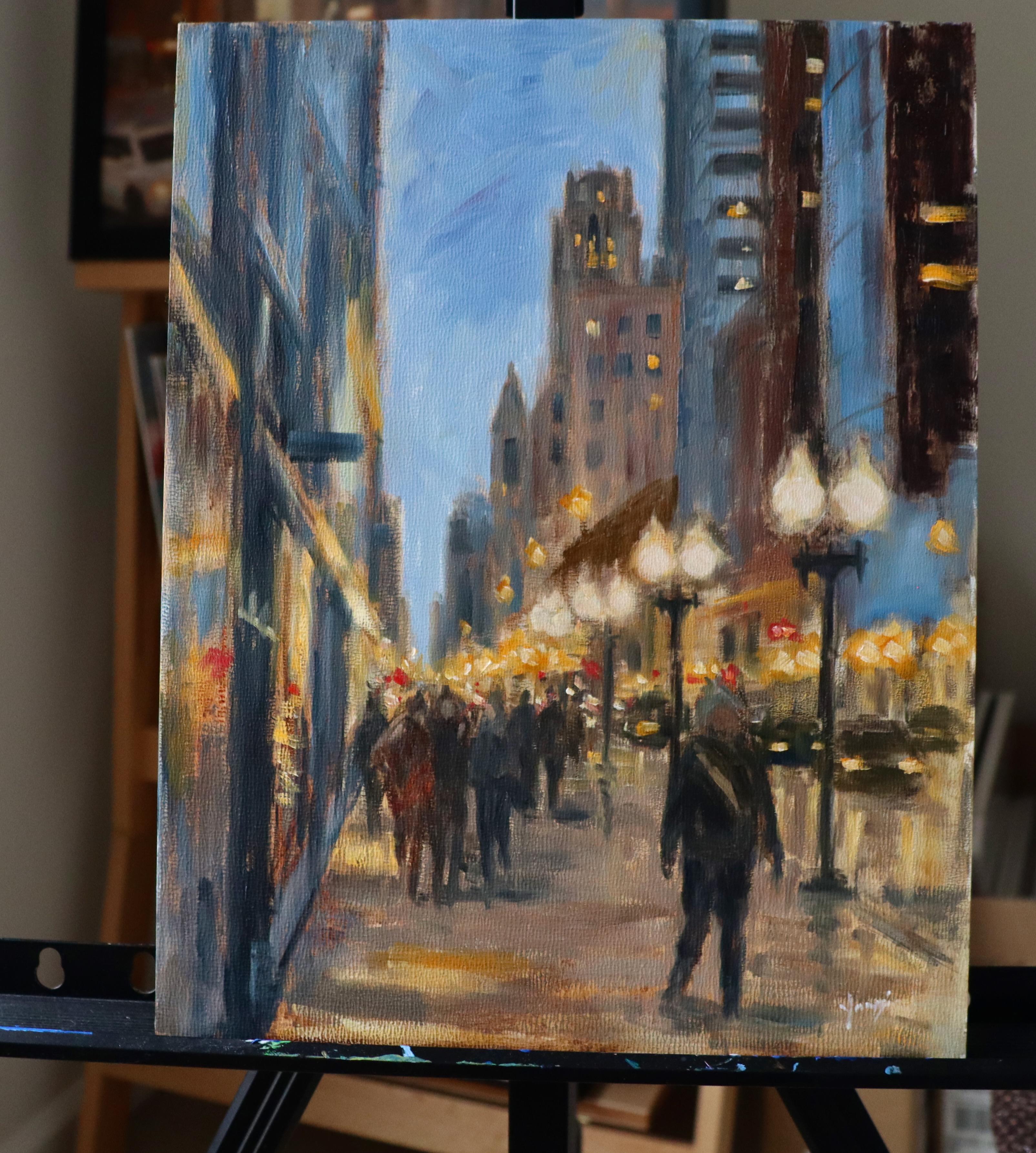 <p>Artist Comments<br>As the evening falls, Michigan Avenue in Chicago bustles with activity as pedestrians stroll down the sidewalk. The iconic lampposts of The Magnificent Mile cast a warm, inviting glow along the street, while buildings on either