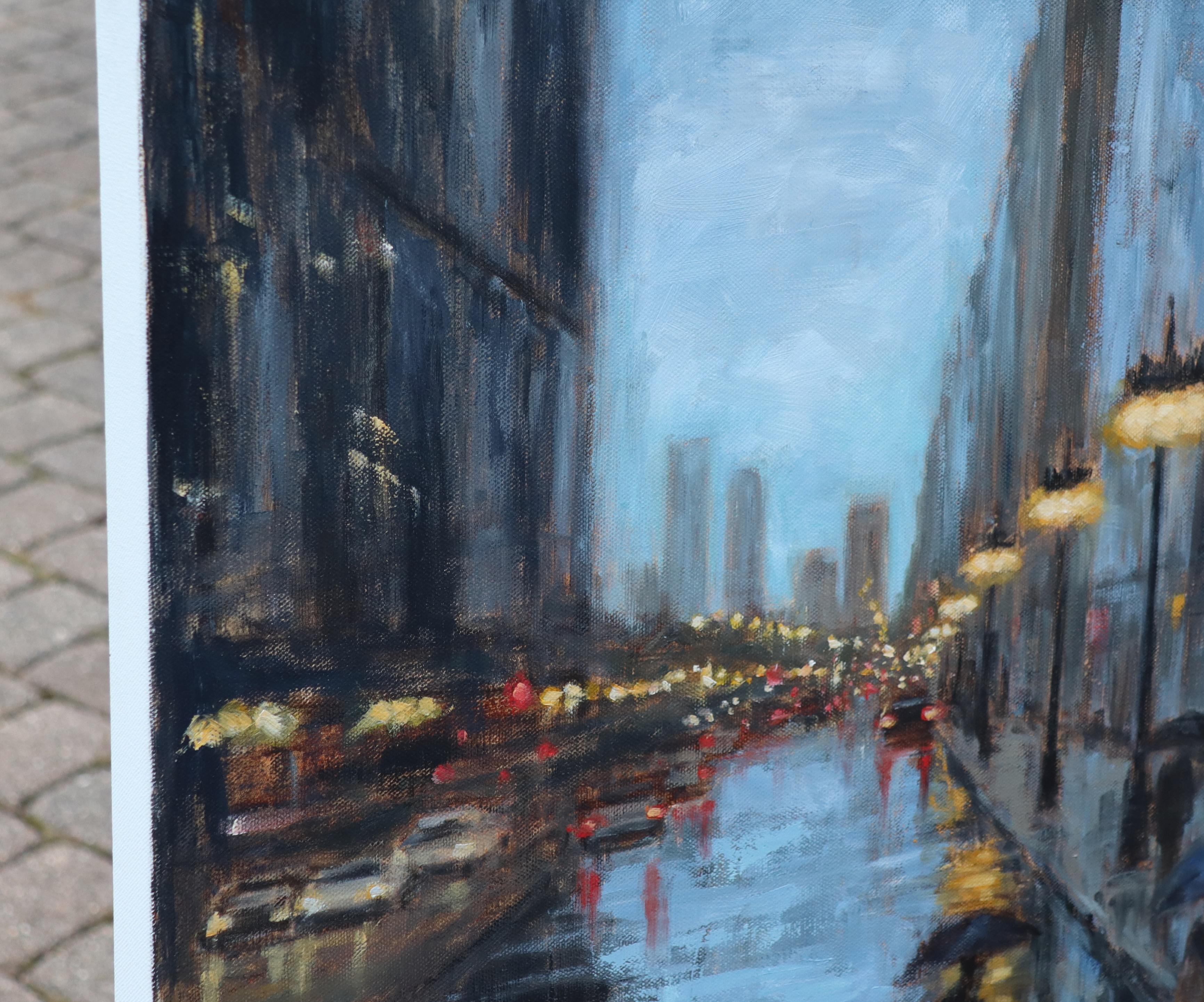 Michigan Avenue: Wo Licht auf Regen trifft, Ölgemälde – Painting von Yangzi Xu