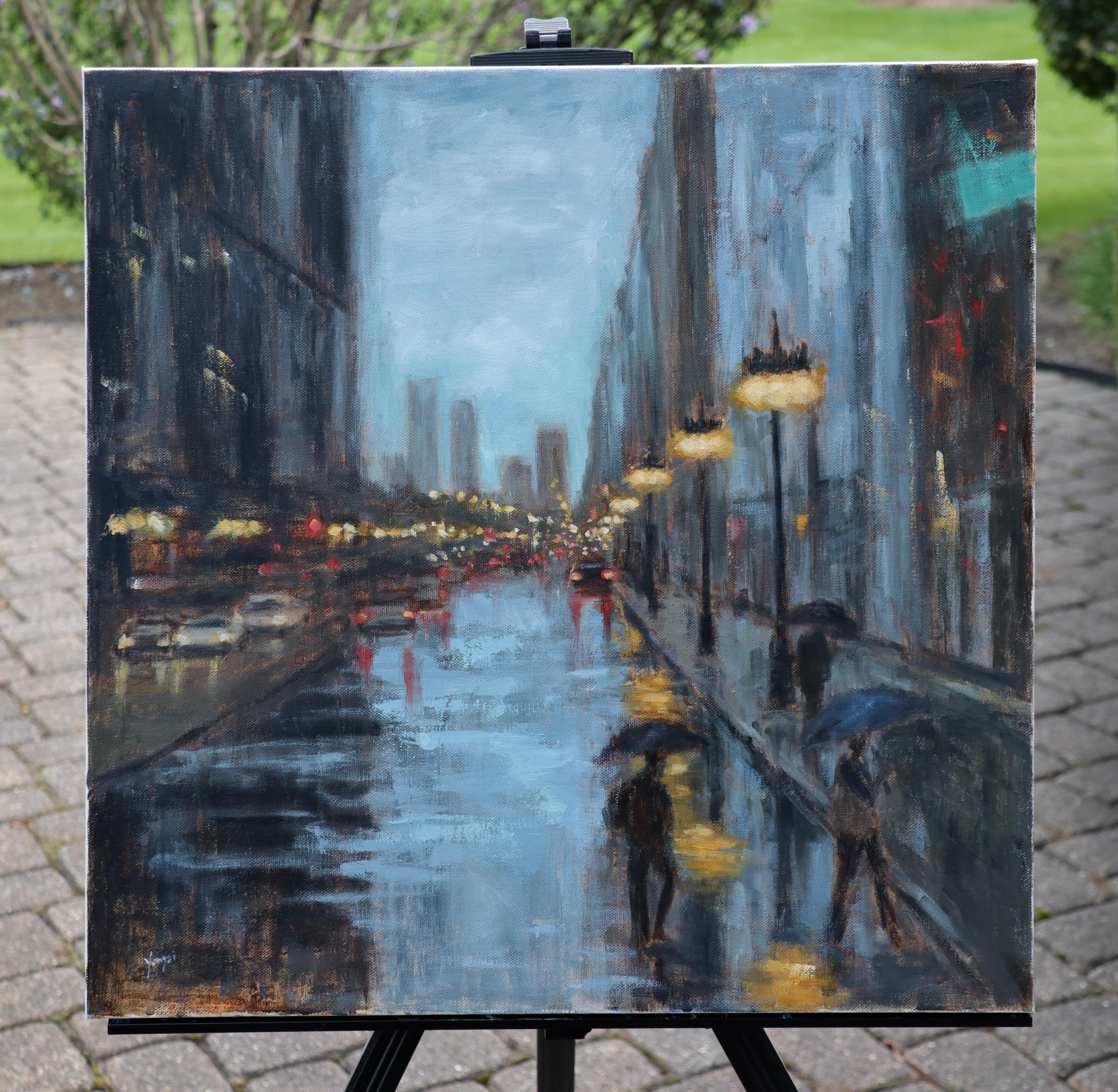 Michigan Avenue: Wo Licht auf Regen trifft, Ölgemälde (Impressionismus), Painting, von Yangzi Xu