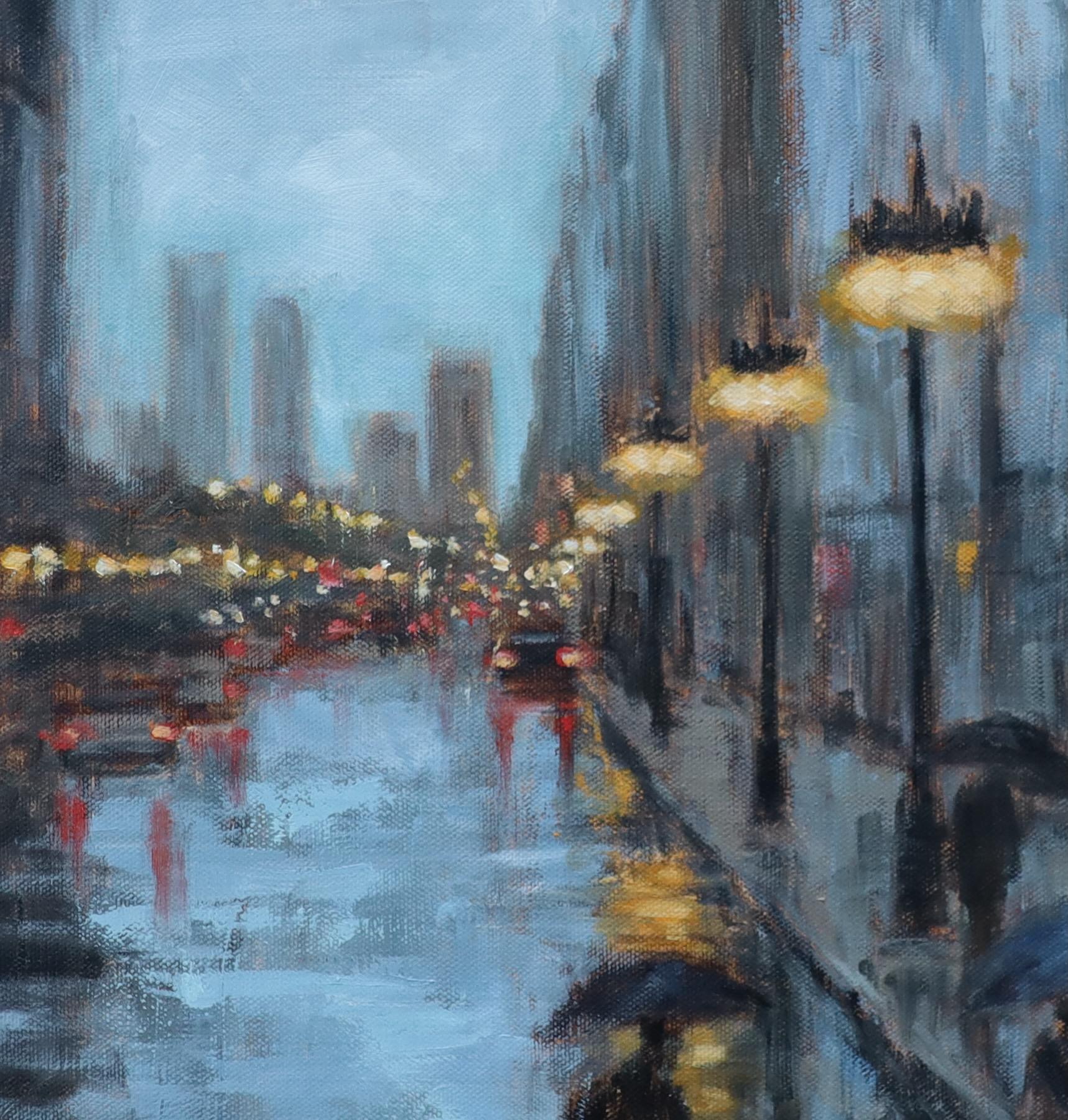 Michigan Avenue: Wo Licht auf Regen trifft, Ölgemälde (Schwarz), Interior Painting, von Yangzi Xu