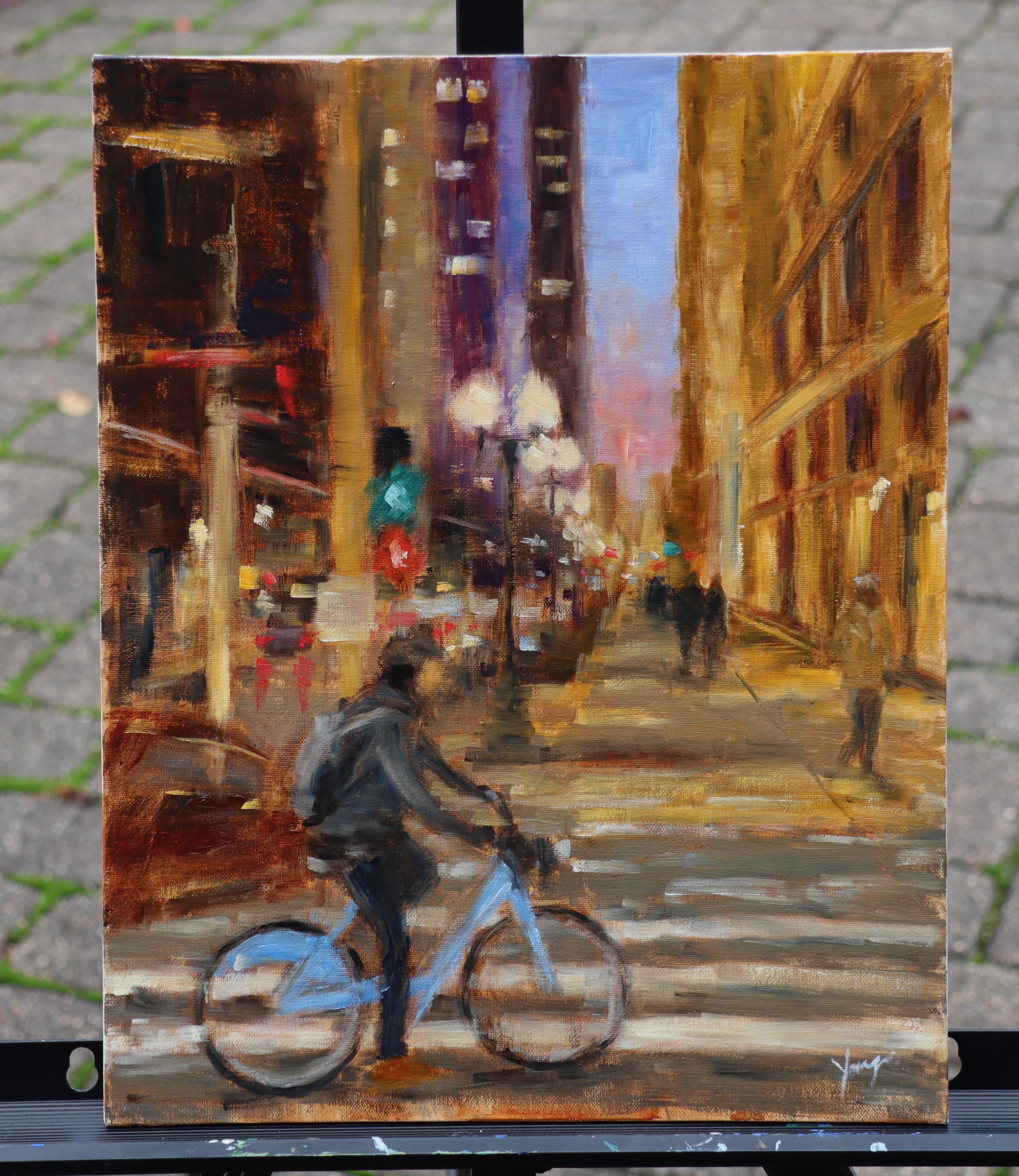 <p>Kommentare des Künstlers<br />Der Künstler Yangzi Xu fängt die pulsierende Energie von Downtown Chicago ein, während sich die Abenddämmerung über die Stadt legt. Ein Radfahrer gleitet mühelos durch die beleuchteten Straßen, während hoch