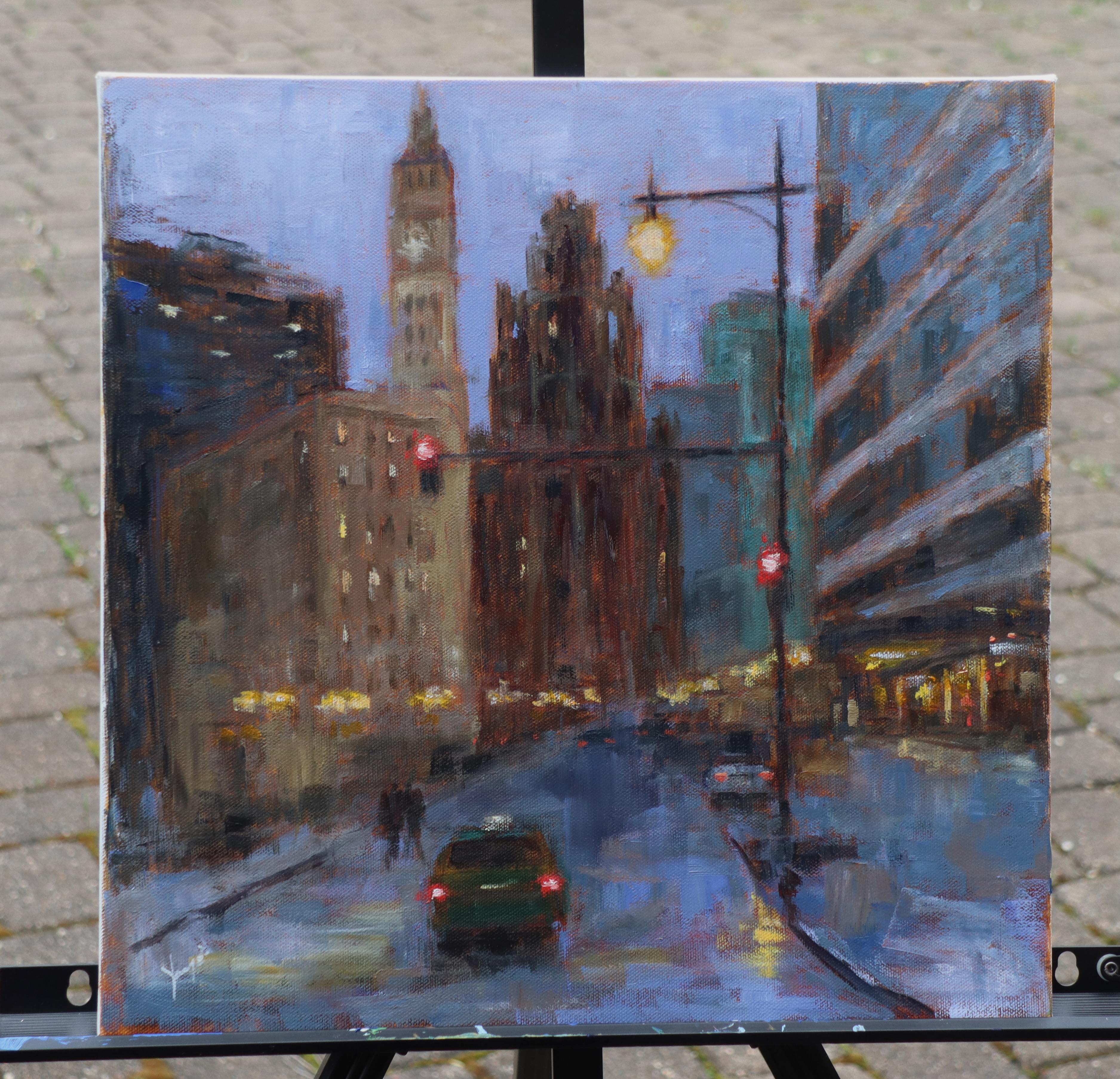 <p>Artist Comments<br>Set during an evening on Wacker Drive, the artwork offers an atmospheric view of Chicago, featuring the iconic Tribune Tower and surrounding buildings. The streetlights and vehicle headlights provide warm, glowing contrasts to