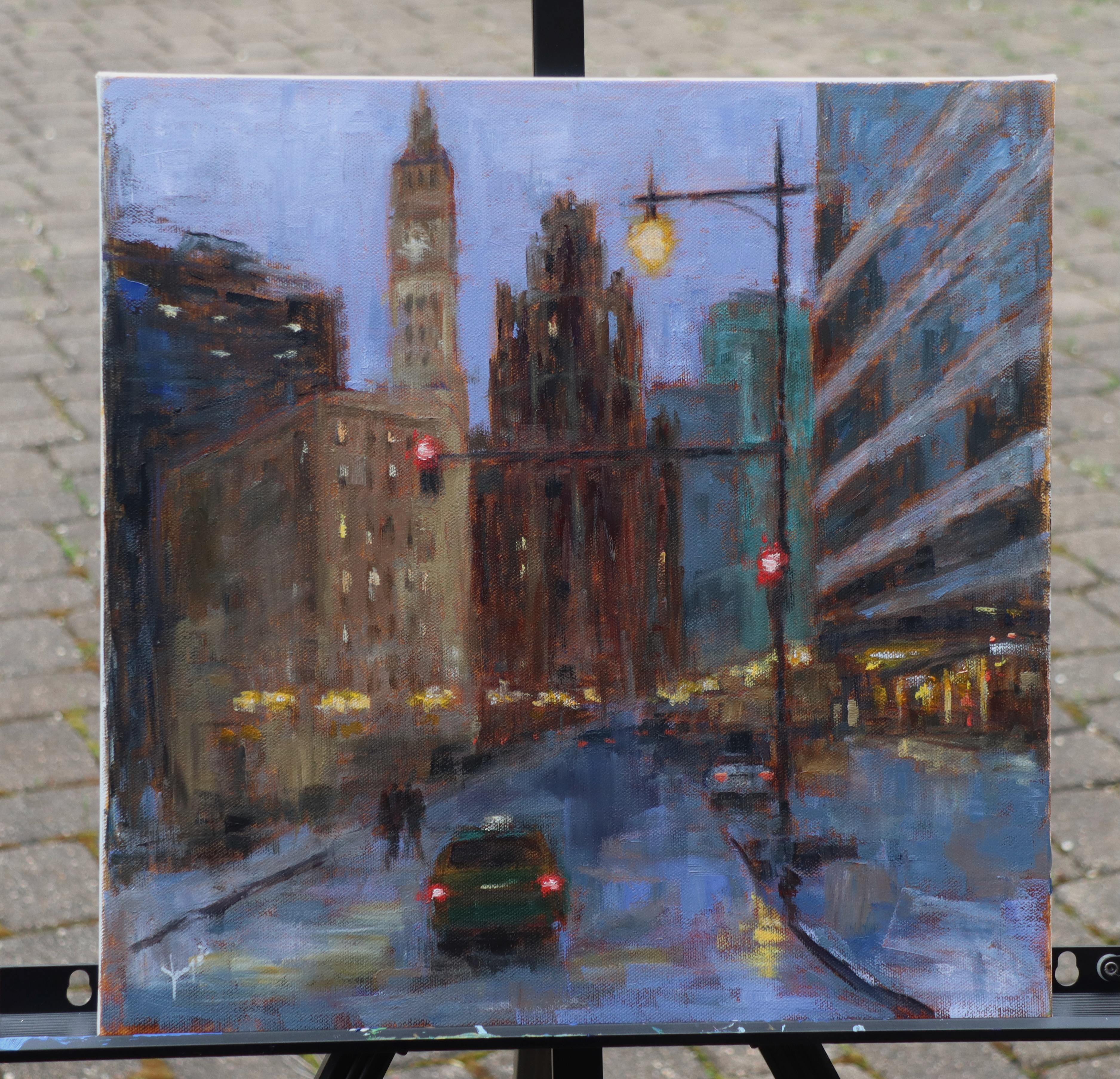 <p>Kommentare des Künstlers<br />Das abendliche Kunstwerk auf dem Wacker Drive bietet einen stimmungsvollen Blick auf Chicago mit dem Tribune Tower und den umliegenden Gebäuden. Die Straßenlaternen und die Scheinwerfer der Fahrzeuge bilden warme,