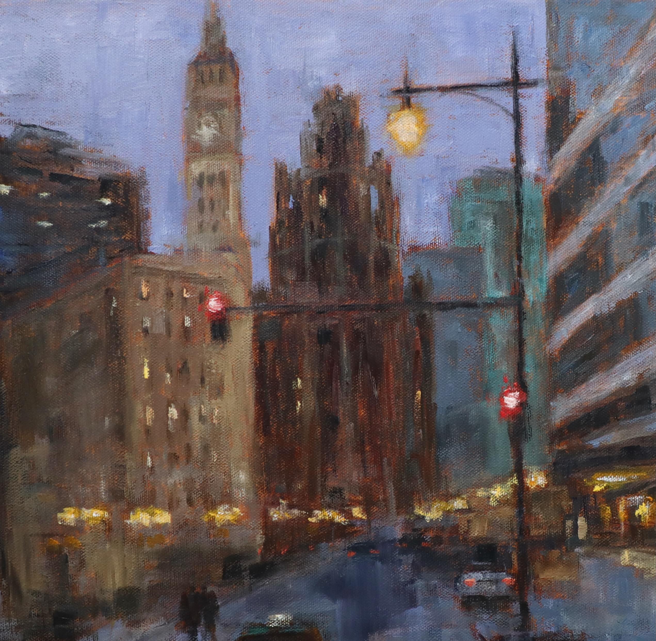Purple Evening on Wacker Dr., Oil Painting For Sale 1