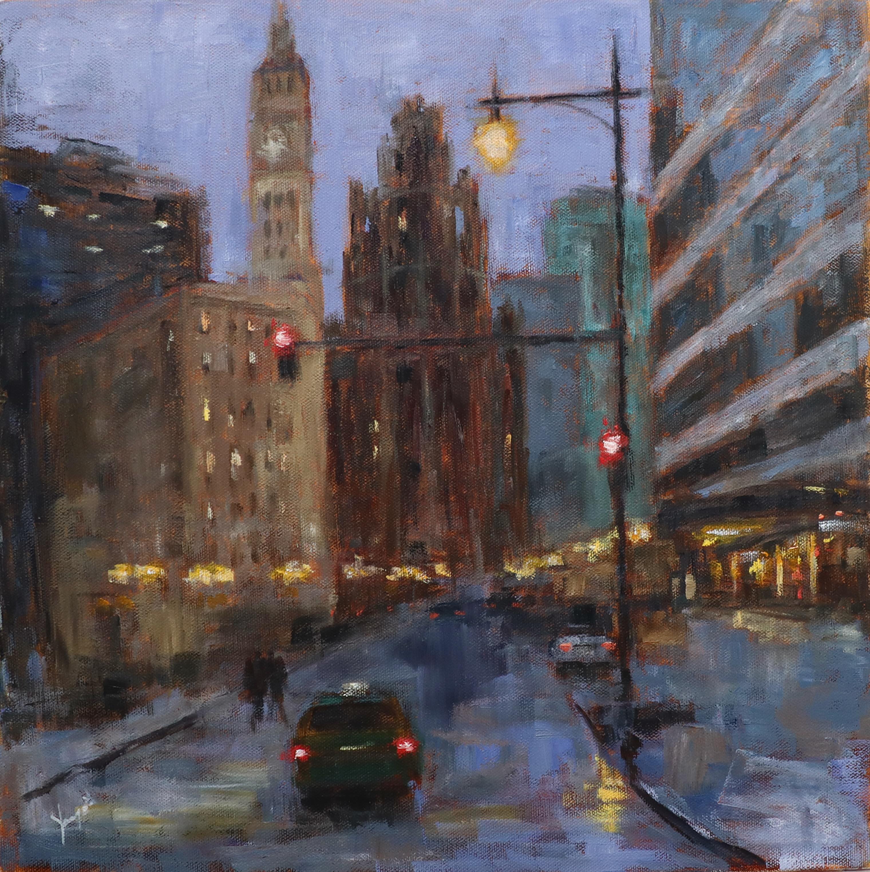 Lila Abend auf Wacker Dr., Ölgemälde – Art von Yangzi Xu