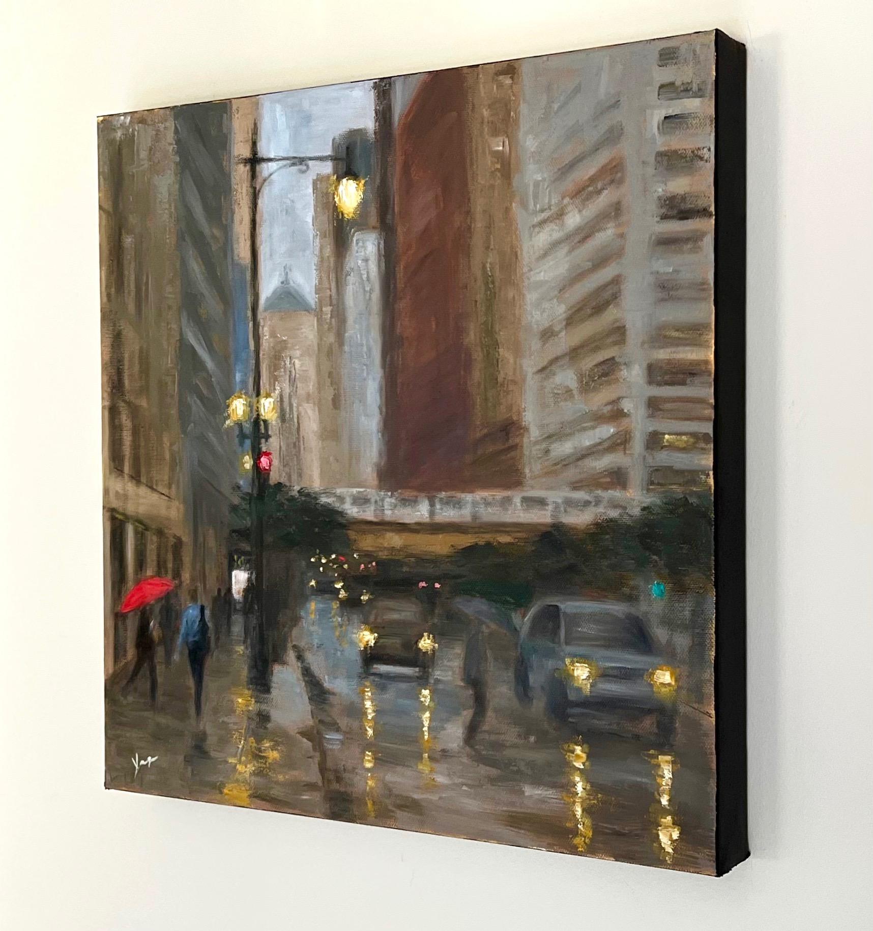 Tarde lluviosa, calle La Salle, Pintura al óleo - Art Impresionista abstracto de Yangzi Xu