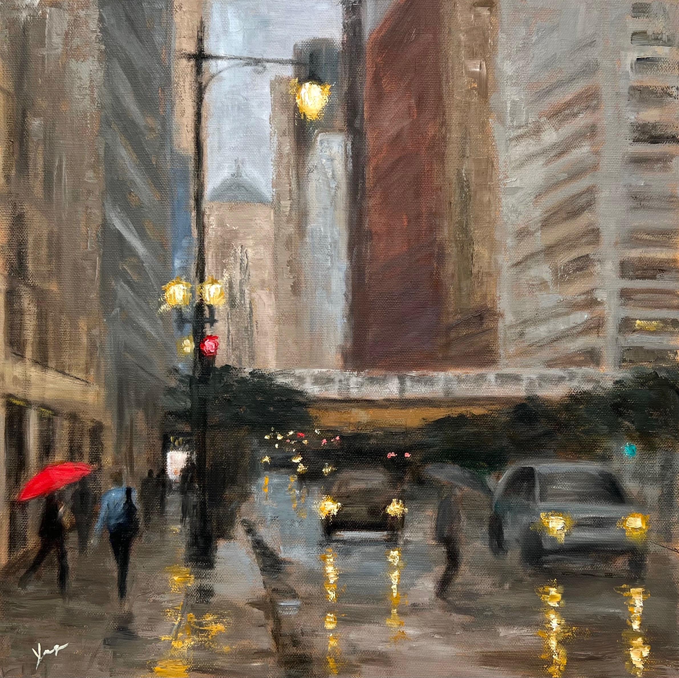 Rainy Afternoon, La Salle Street, Oil Painting - Art by Yangzi Xu