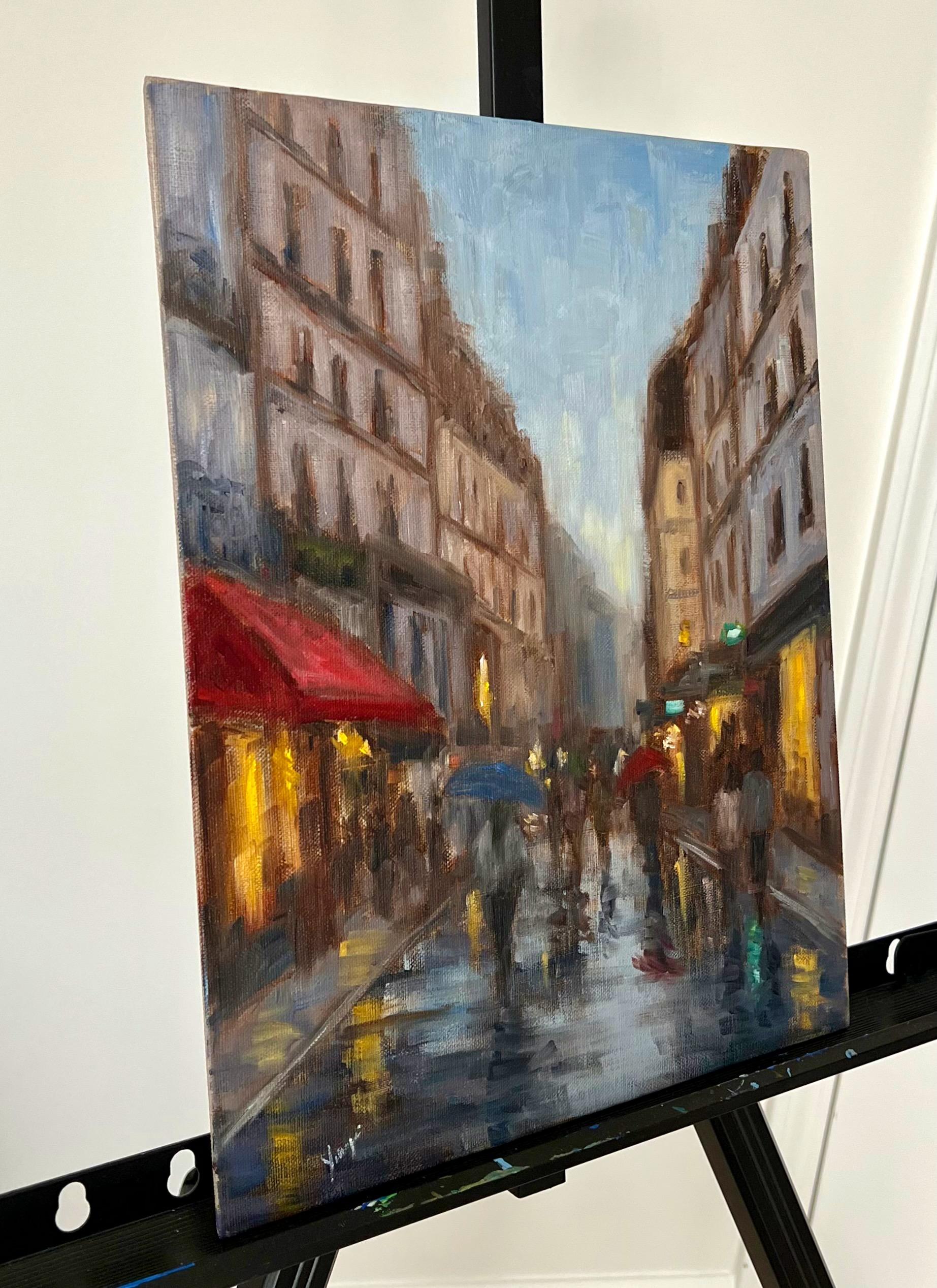 Day pluie, marché de Paris, peinture à l'huile - Impressionnisme abstrait Art par Yangzi Xu
