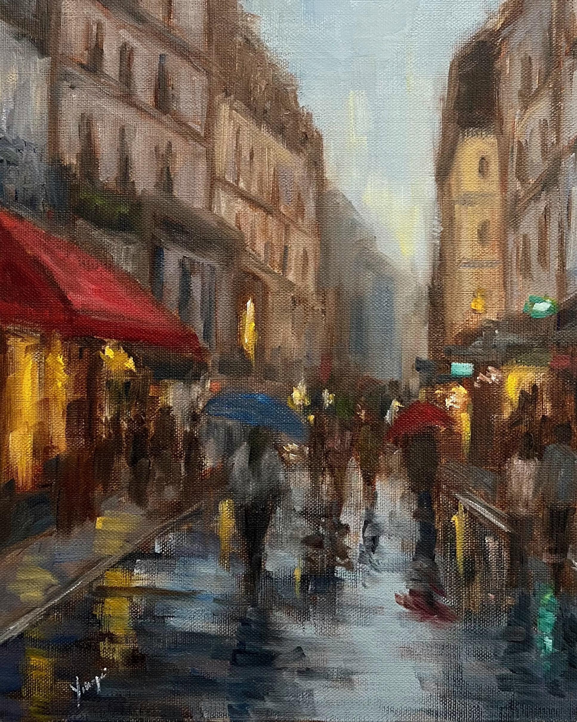 Day pluie, marché de Paris, peinture à l'huile en vente 1