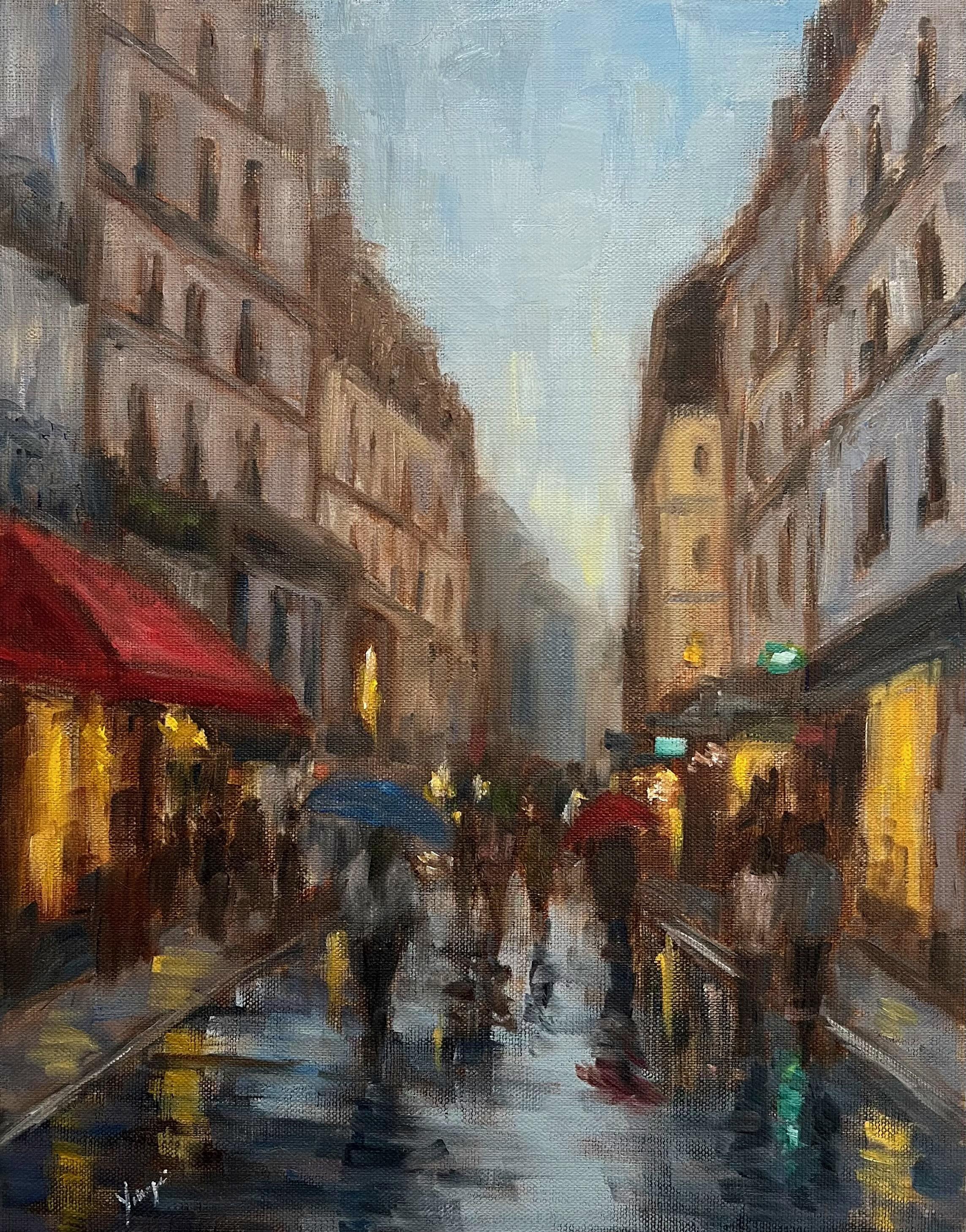 Day pluie, marché de Paris, peinture à l'huile - Art de Yangzi Xu