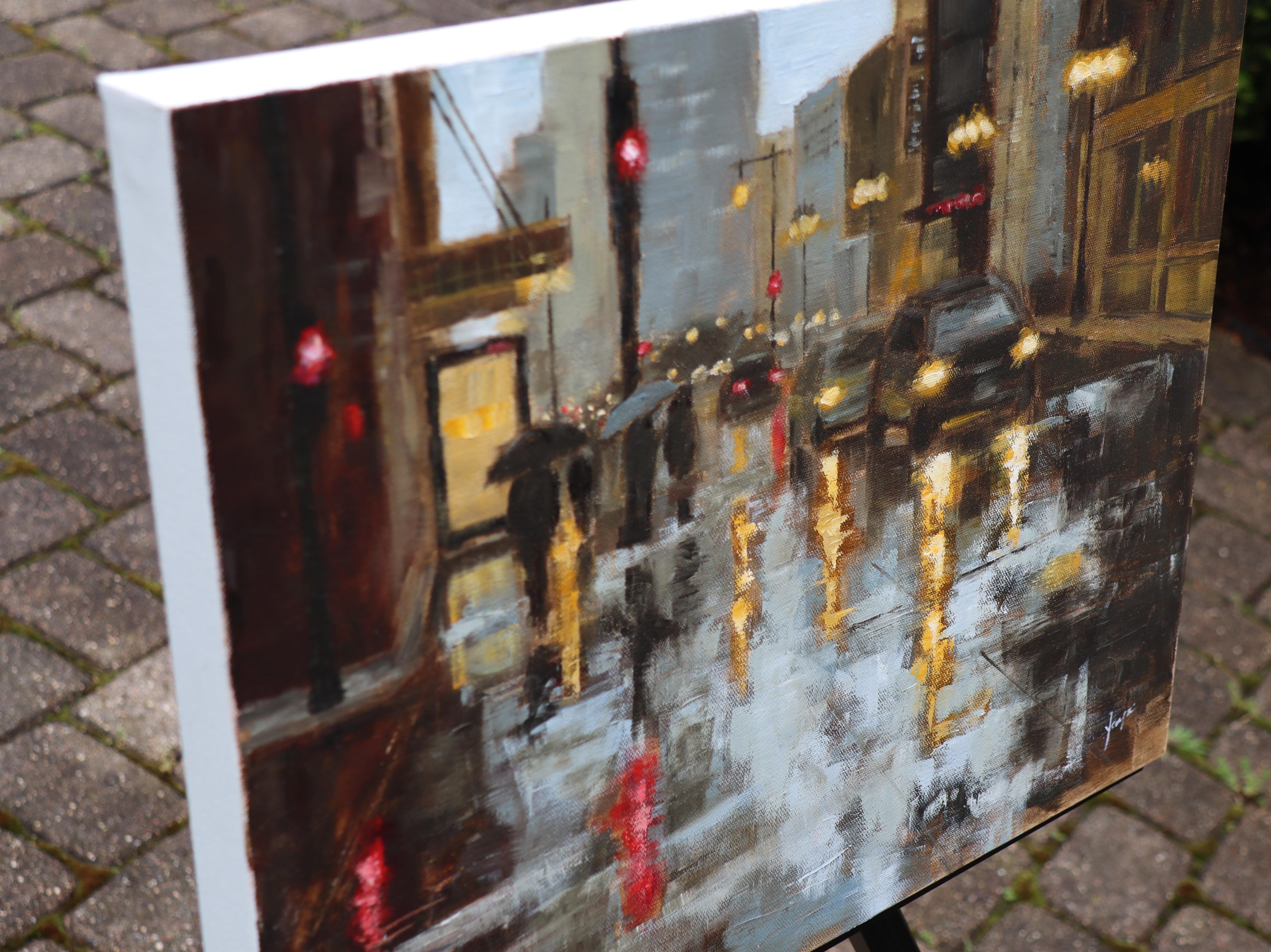 Wacker Drive in the Rain, Ölgemälde – Painting von Yangzi Xu